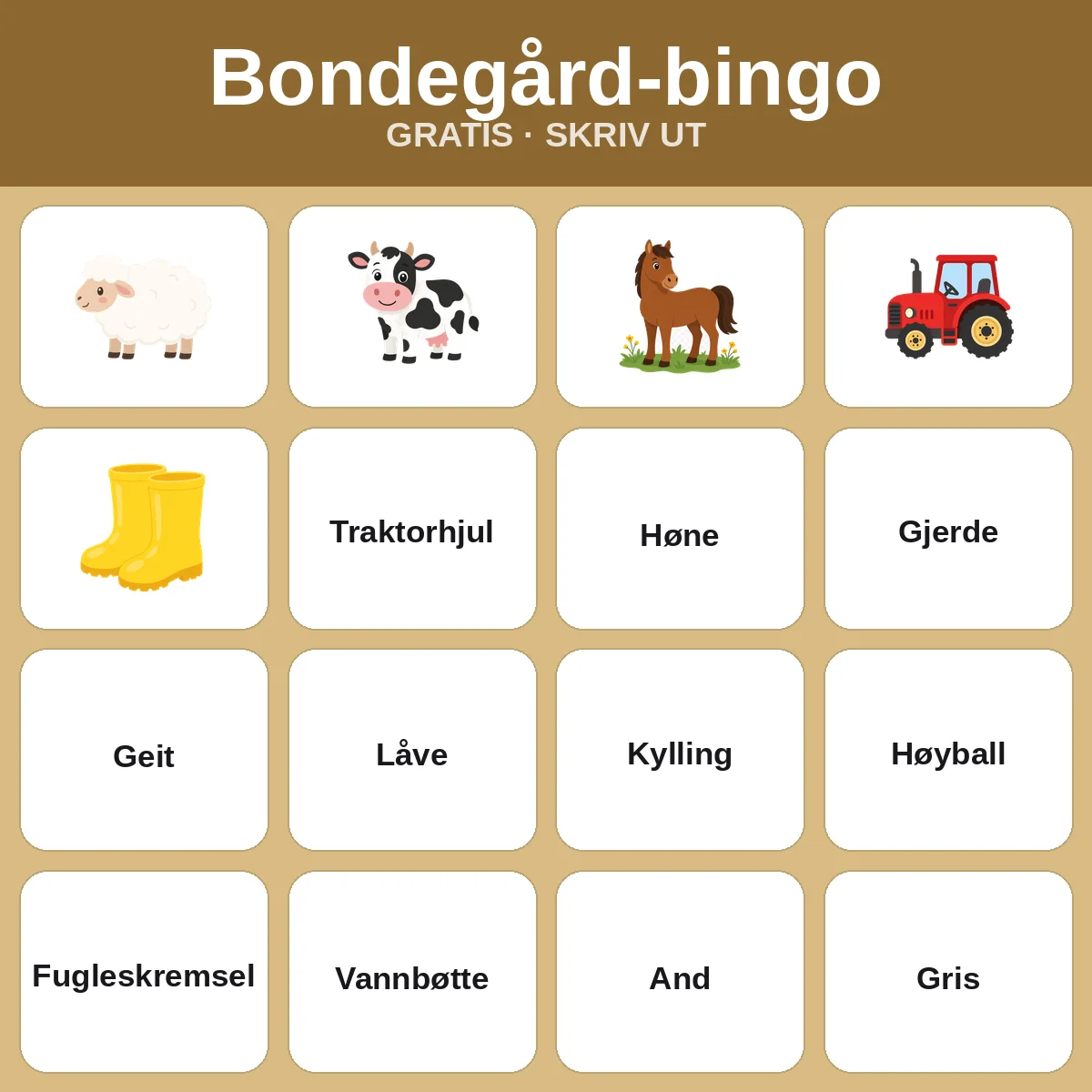 Bondegård-bingo – gratis bingo til utskrift for barn