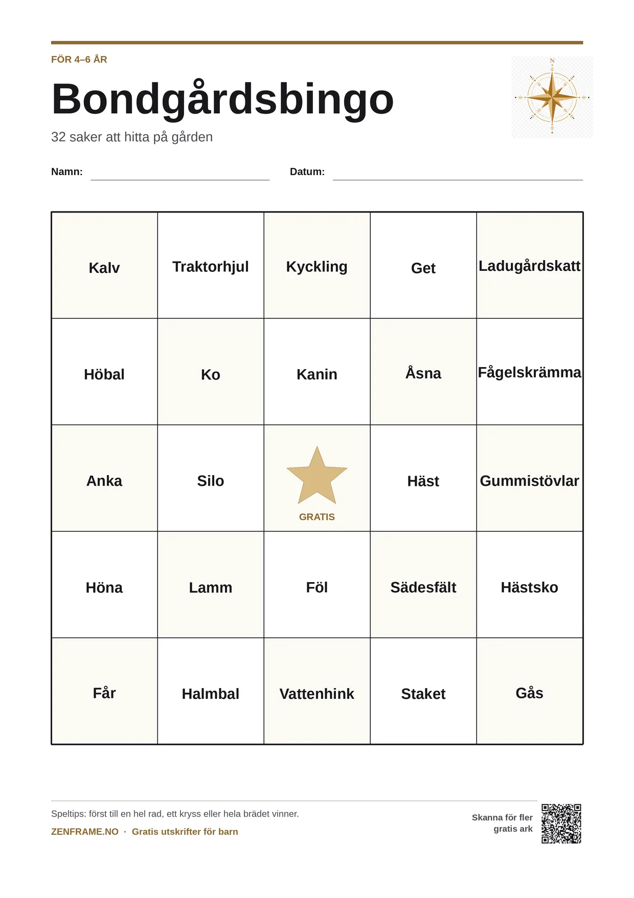Bondgårdsbingo för barn 4–6 år – gratis utskrivbart A4-bräde