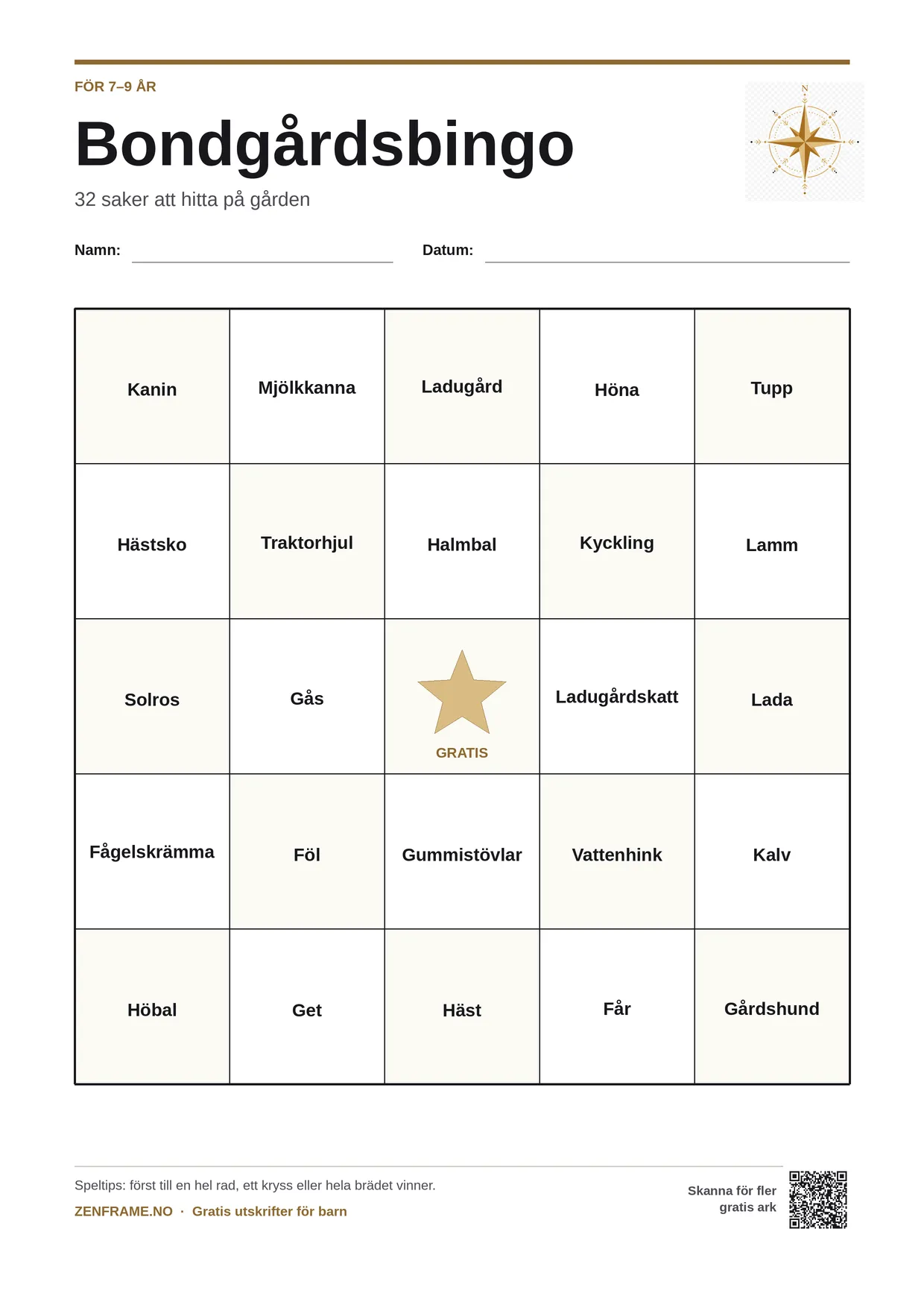 Bondgårdsbingo för barn 7–9 år – gratis utskrivbart A4-bräde
