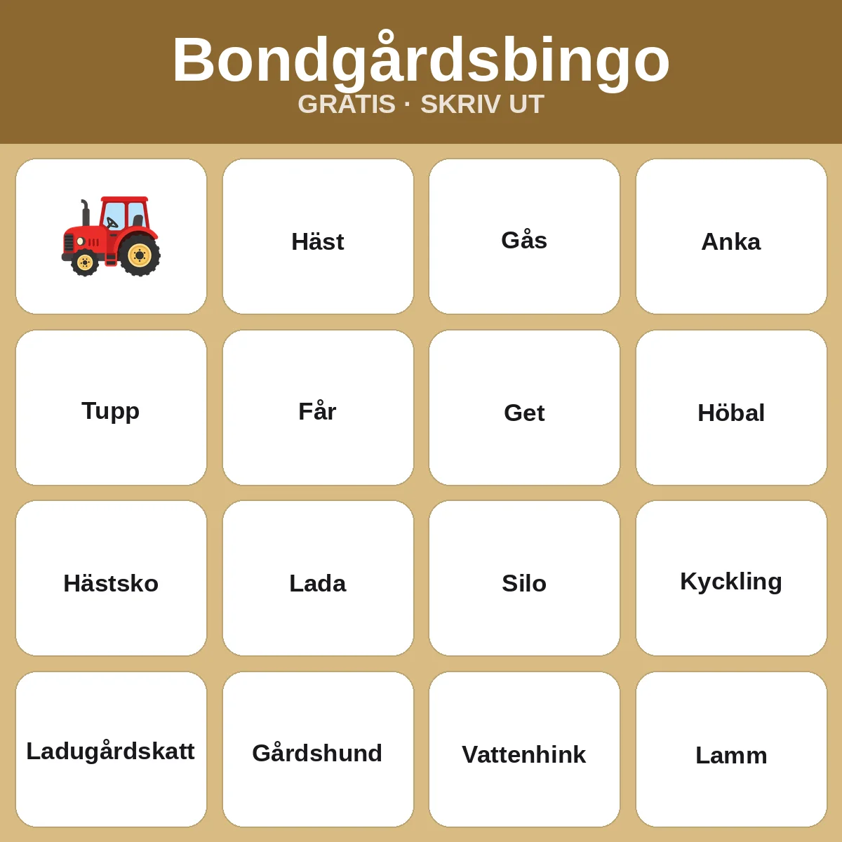 Bondgårdsbingo – gratis bingo att skriva ut för barn