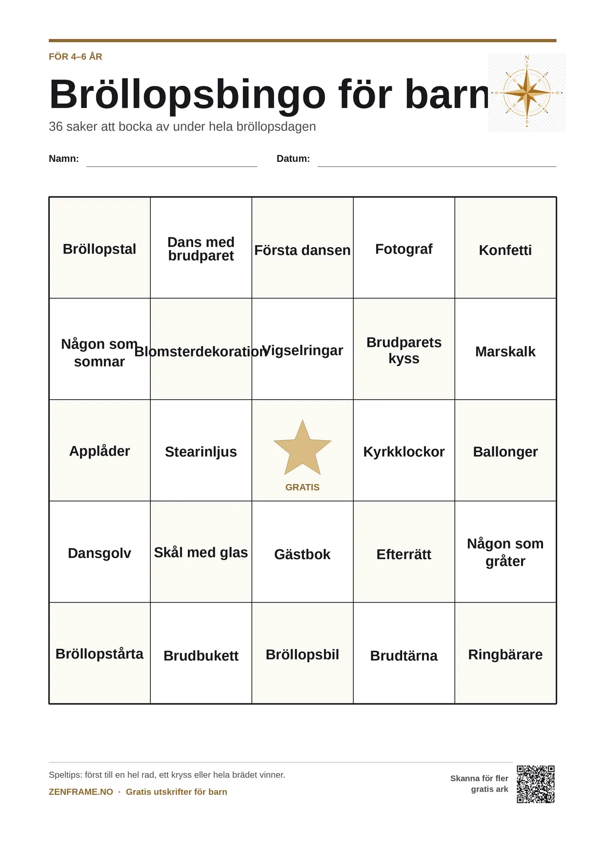 Bröllopsbingo för barn 4–6 år – gratis utskrivbart A4-bräde