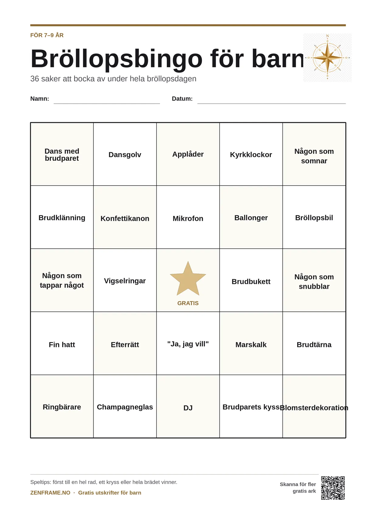 Bröllopsbingo för barn 7–9 år – gratis utskrivbart A4-bräde