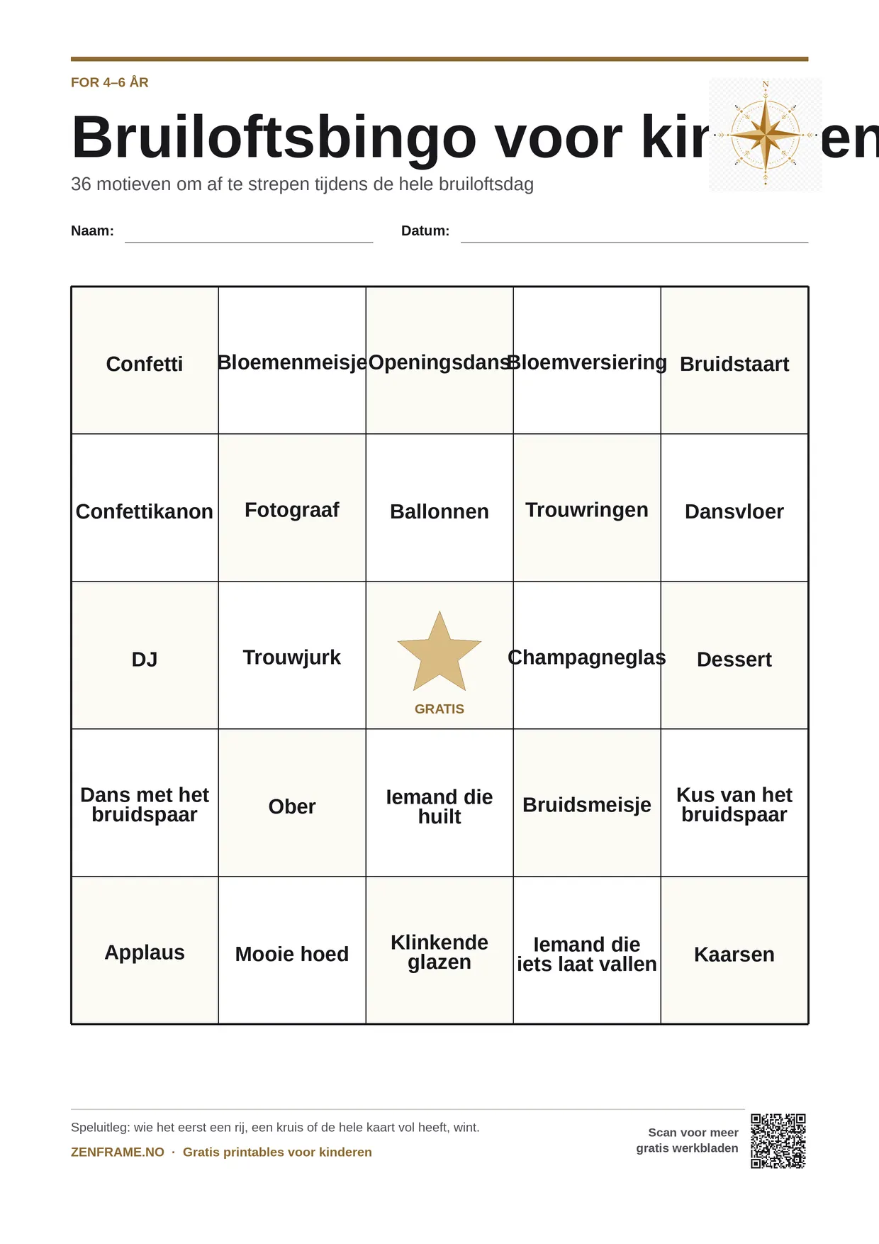 Bruiloftsbingo voor kinderen 4–6 jaar – gratis printbare A4-kaart