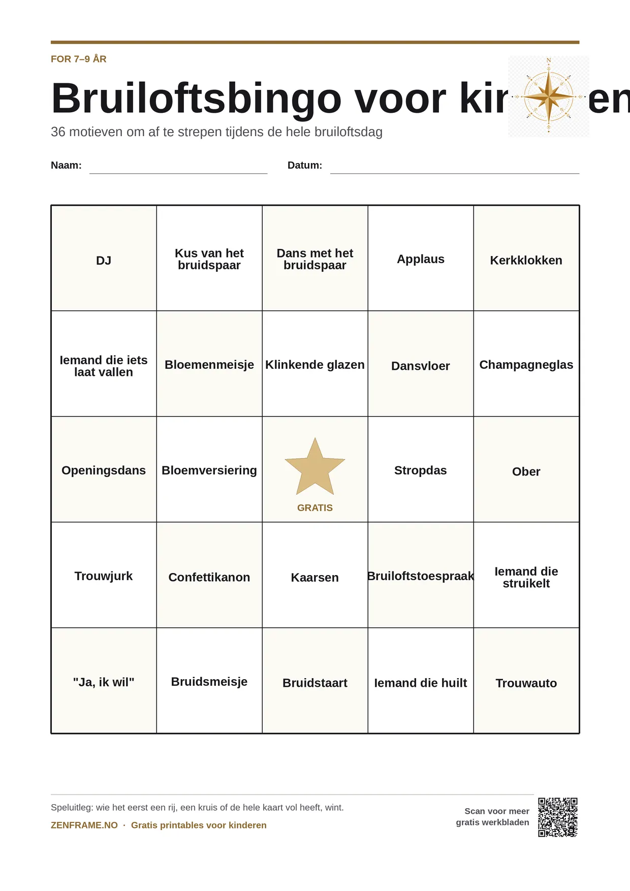 Bruiloftsbingo voor kinderen 7–9 jaar – gratis printbare A4-kaart