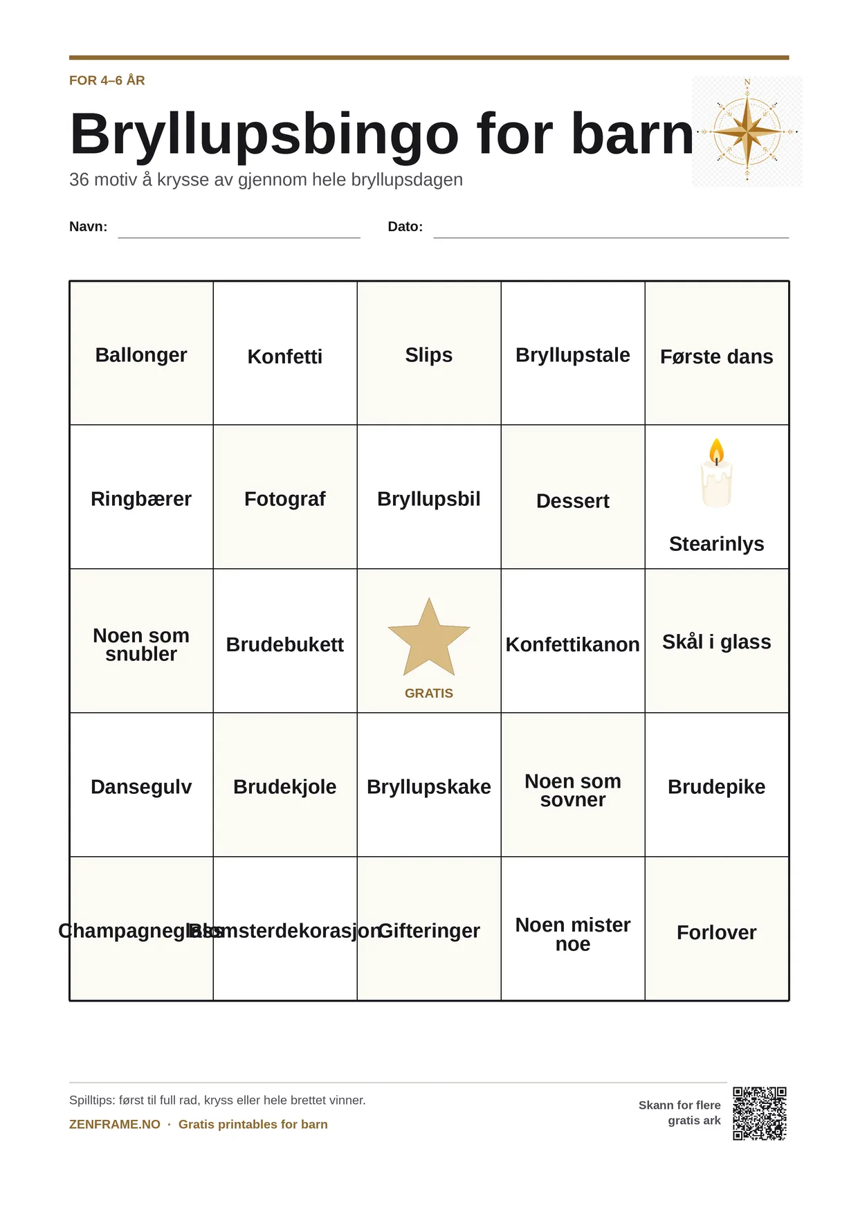 Bryllupsbingo for barn 4–6 år – gratis utskrivbart A4-brett