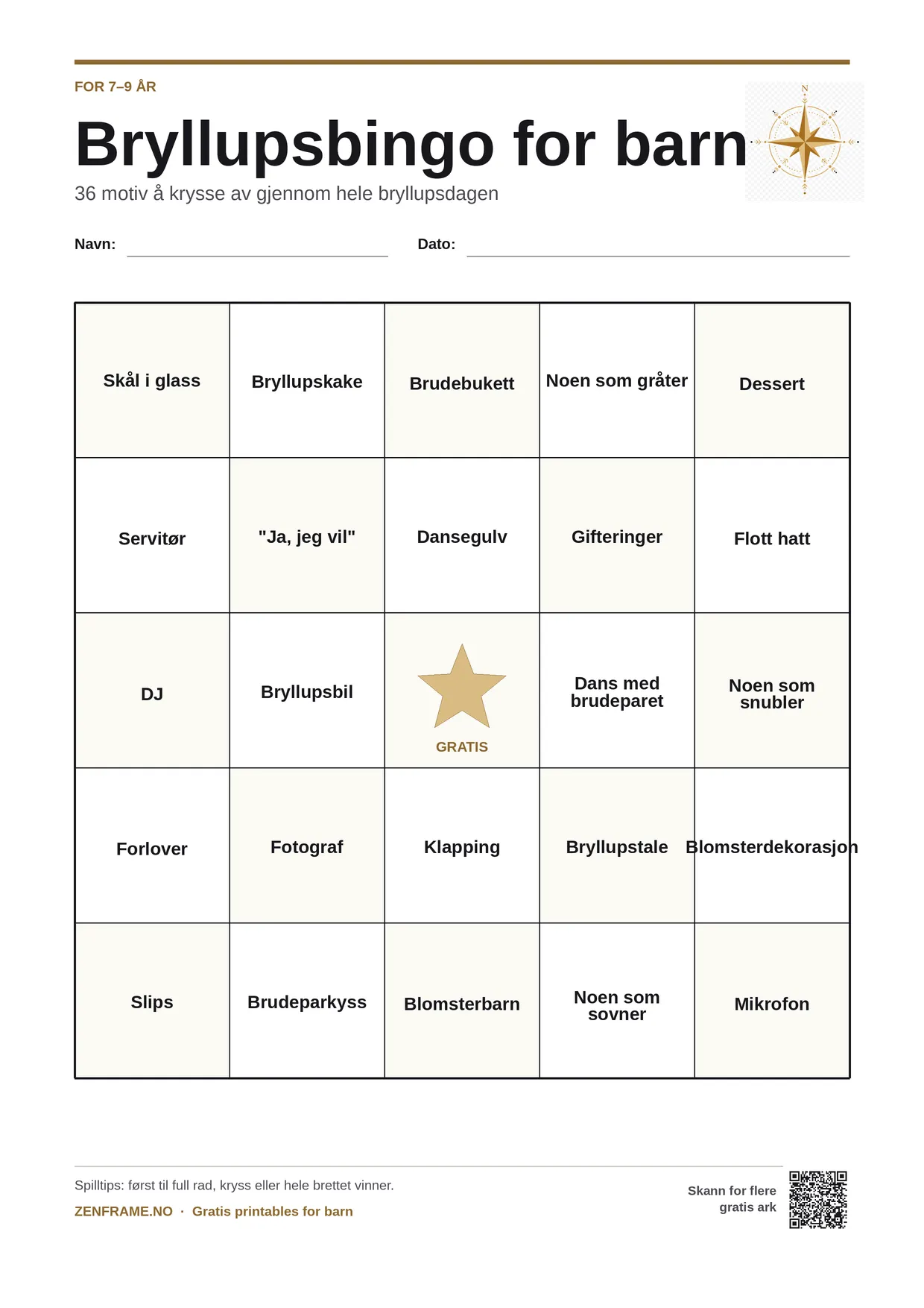 Bryllupsbingo for barn 7–9 år – gratis utskrivbart A4-brett