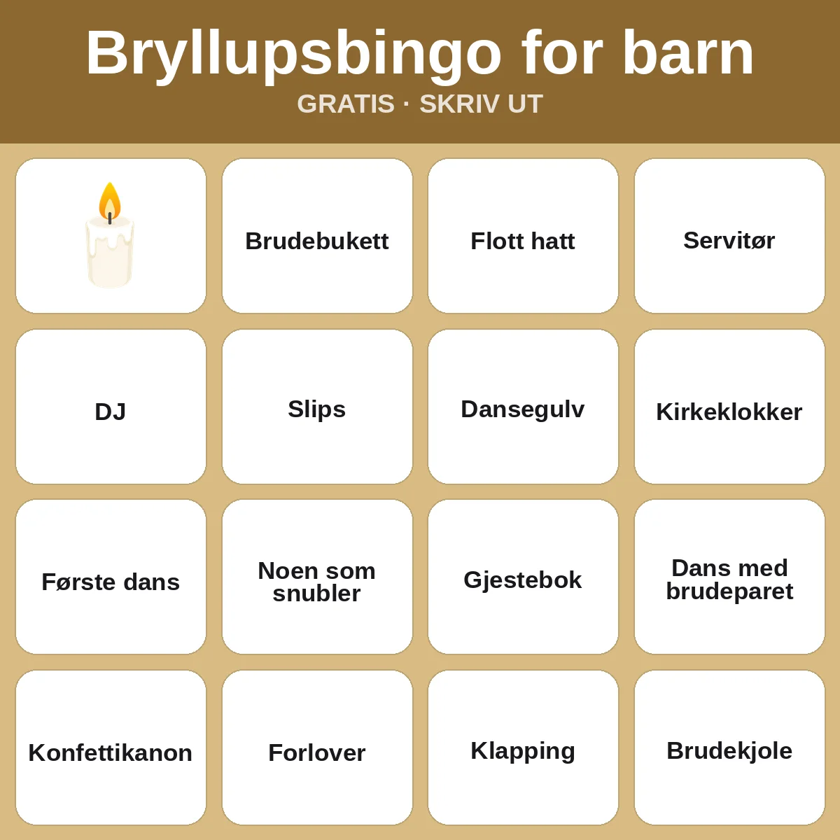 Bryllupsbingo for barn – gratis bingo til utskrift for barn