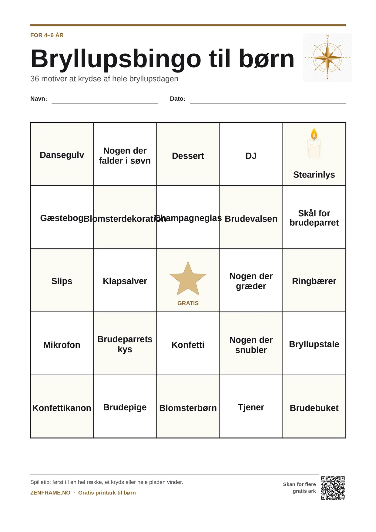 Bryllupsbingo for børn 4–6 år – gratis printbar A4-plade