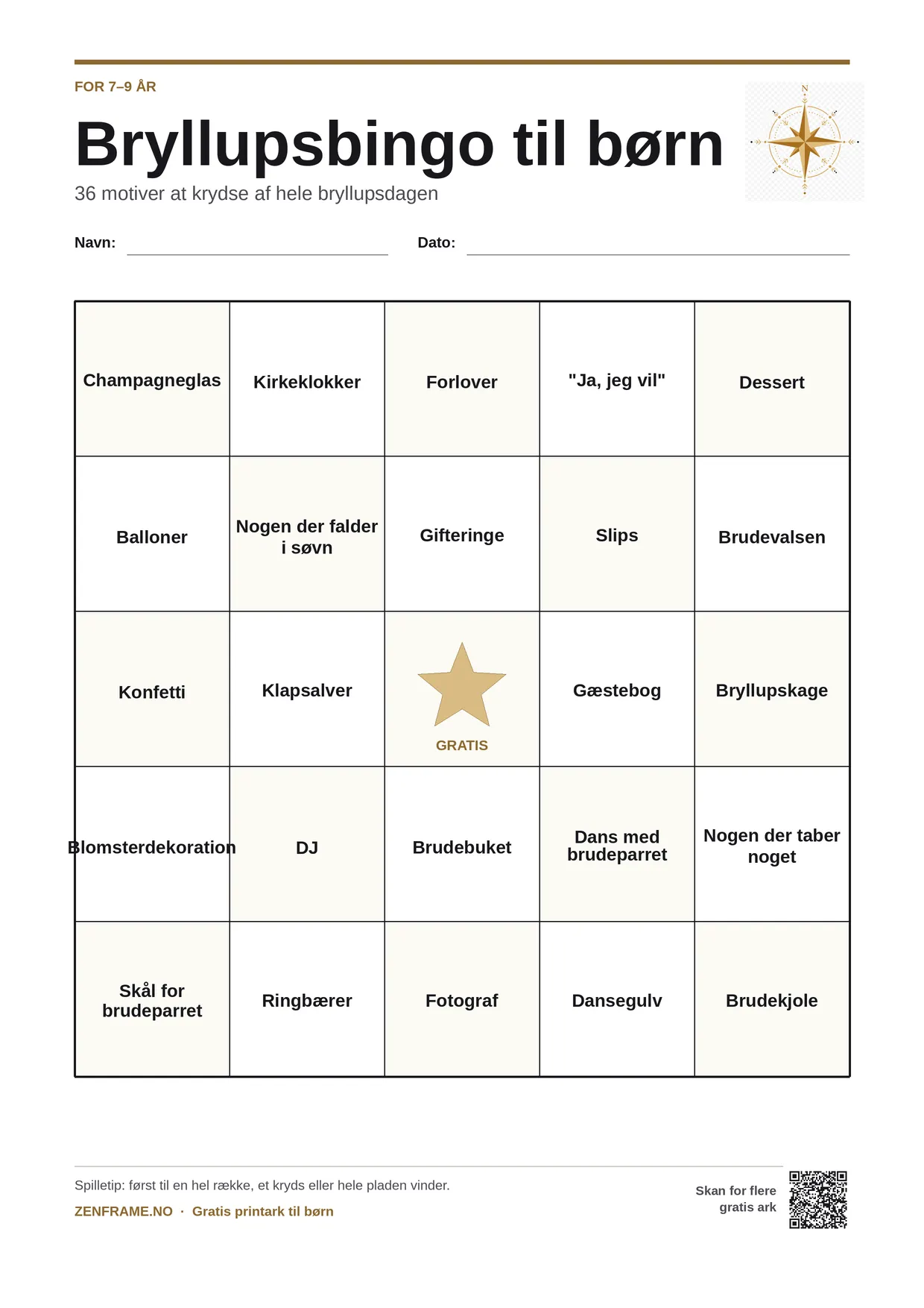Bryllupsbingo for børn 7–9 år – gratis printbar A4-plade