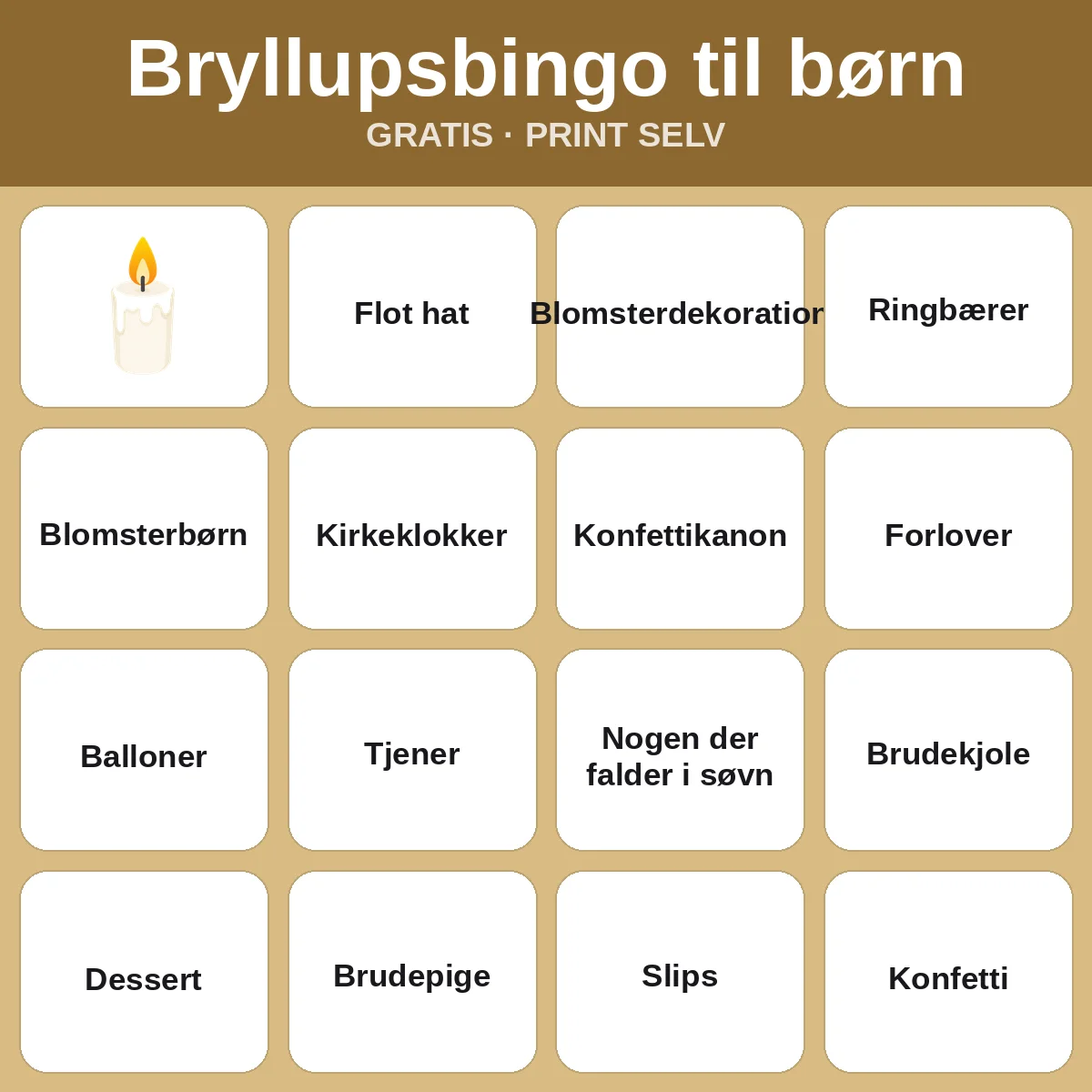 Bryllupsbingo til børn – gratis bingo til print for børn