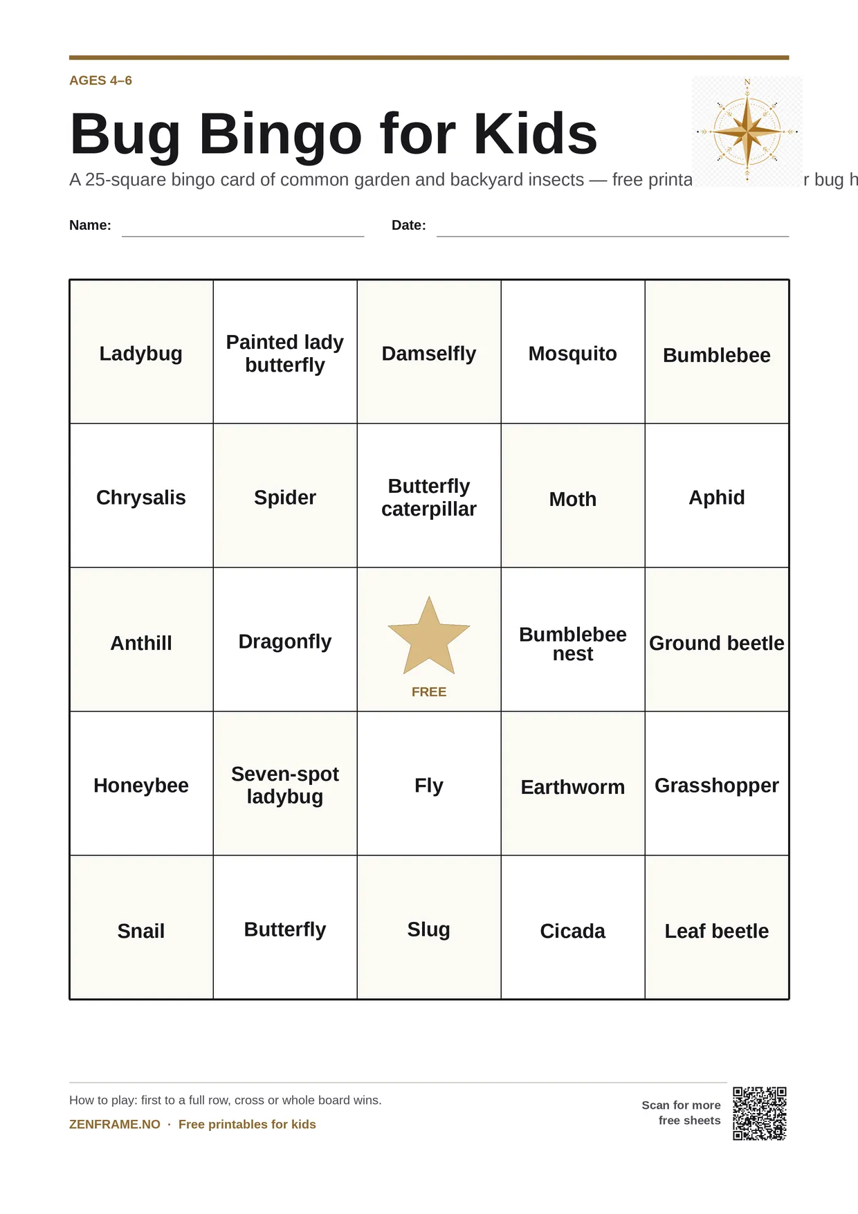 Bug Bingo for kids ages 4–6 – free printable A4 board