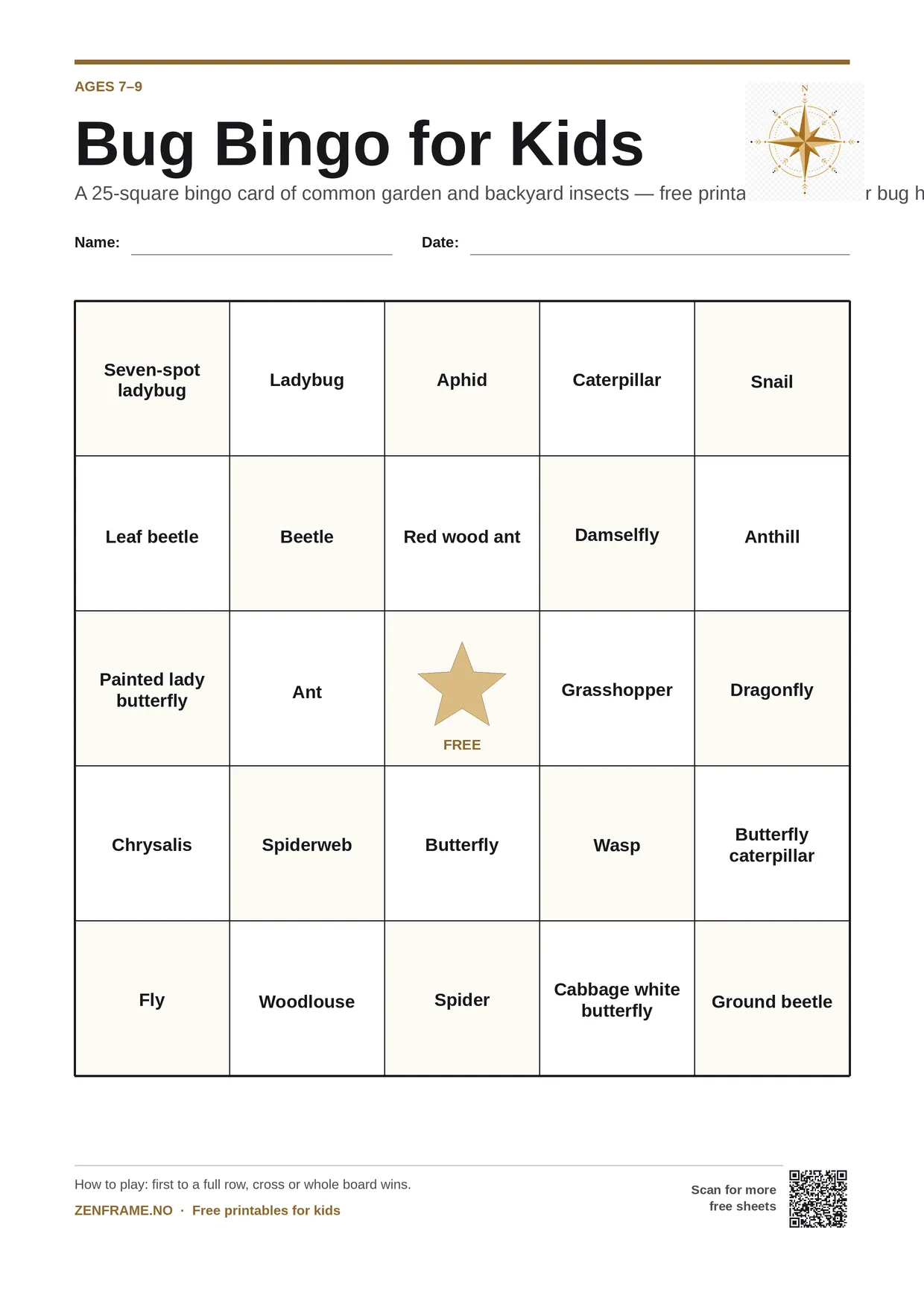 Bug Bingo for kids ages 7–9 – free printable A4 board