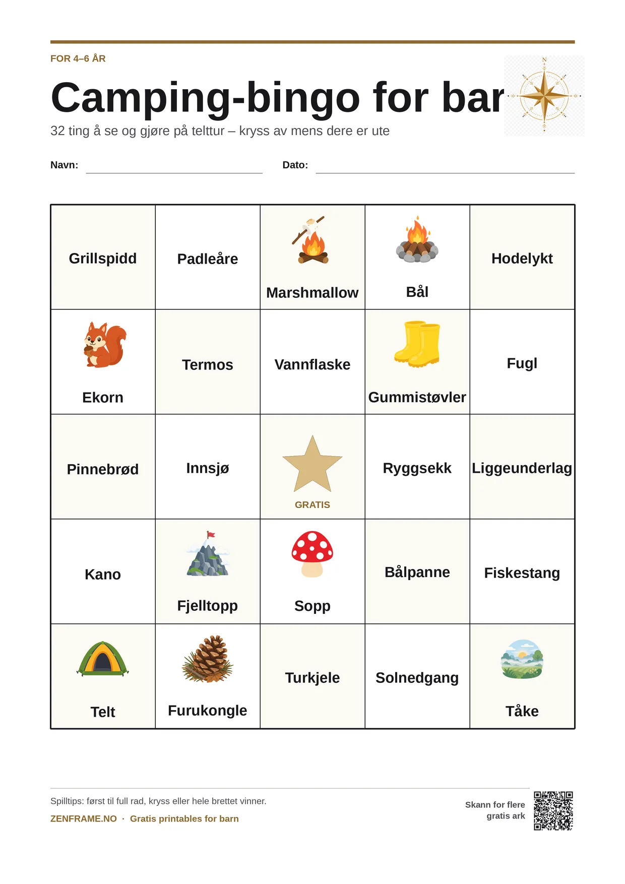 Camping-bingo for barn 4–6 år – gratis utskrivbart A4-brett