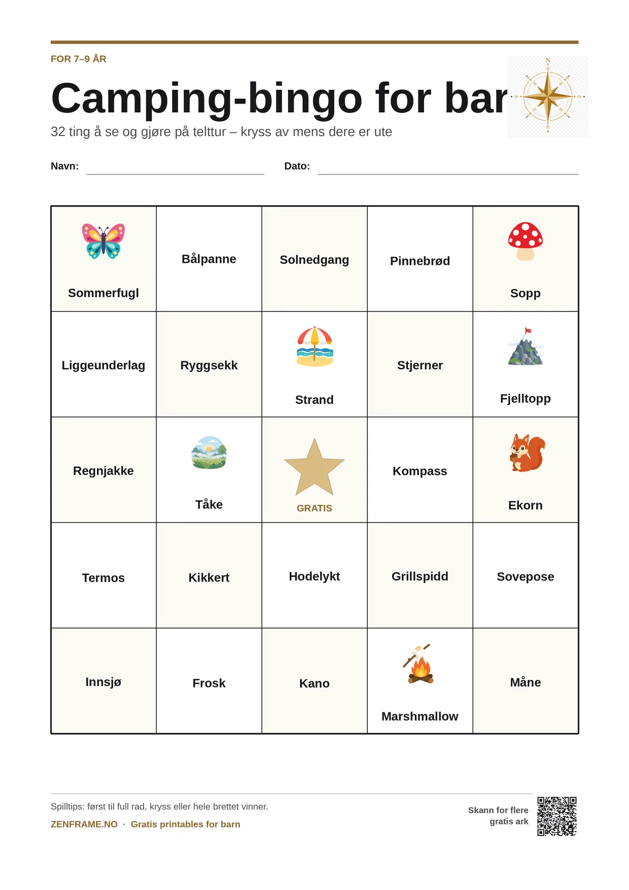 Camping-bingo for barn 7–9 år – gratis utskrivbart A4-brett