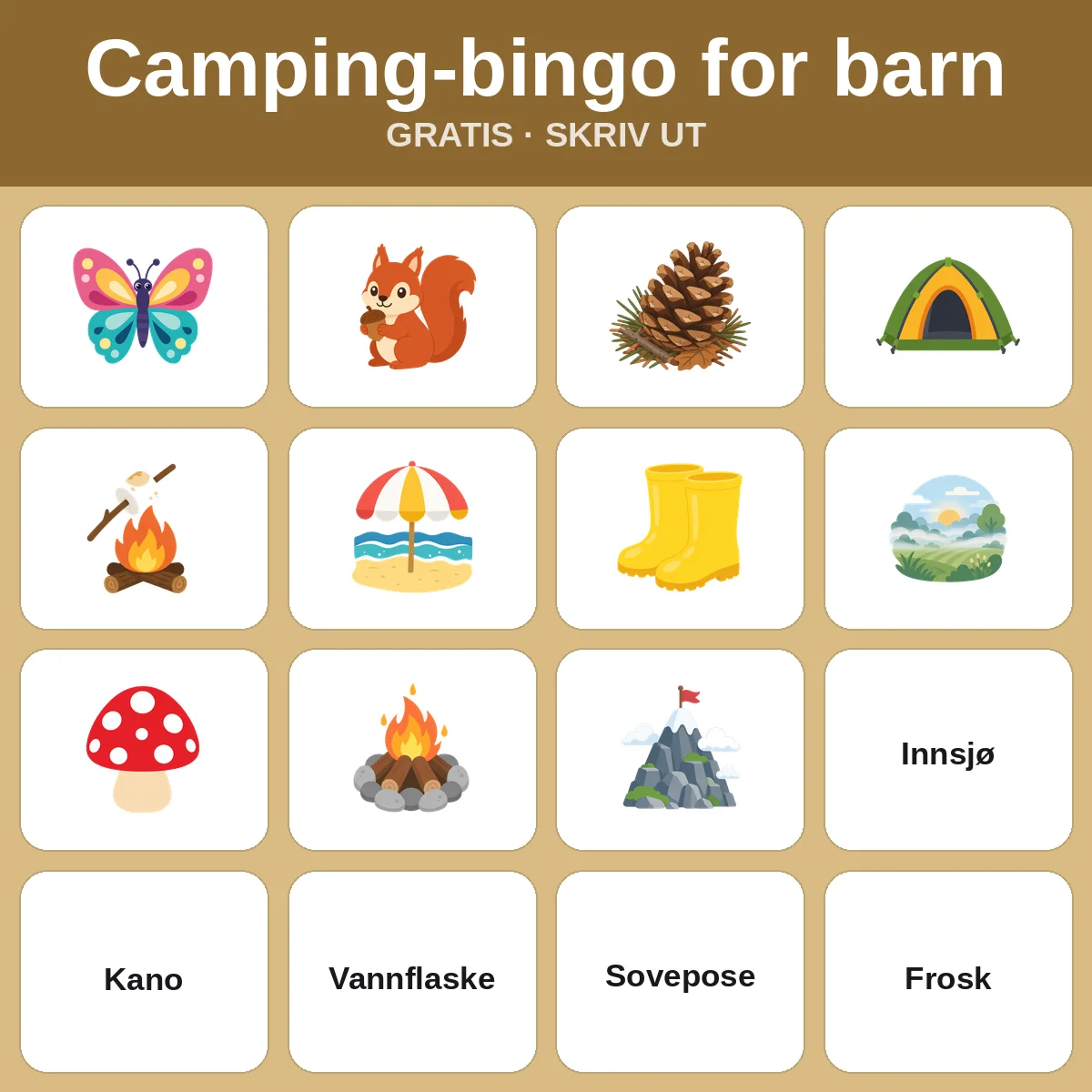 Camping-bingo for barn – gratis bingo til utskrift for barn