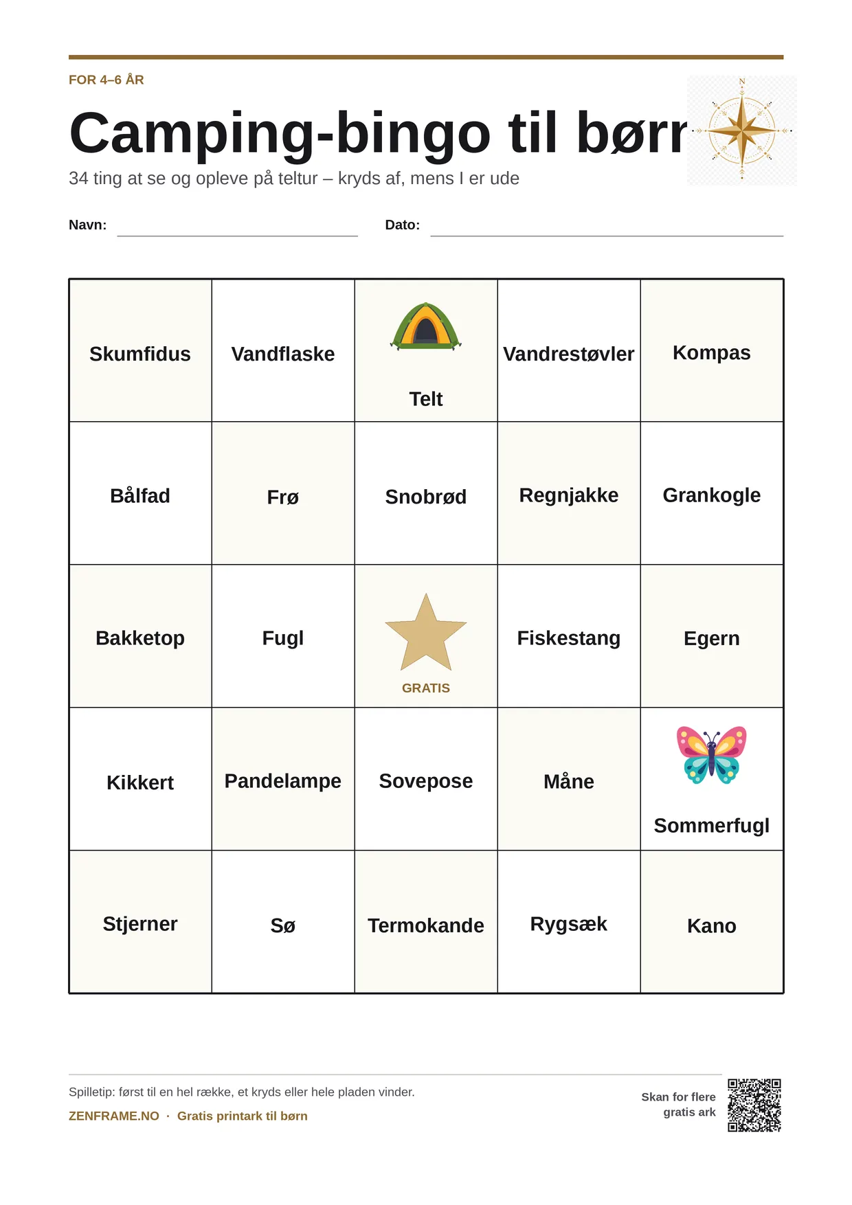 Camping-bingo for børn 4–6 år – gratis printbar A4-plade