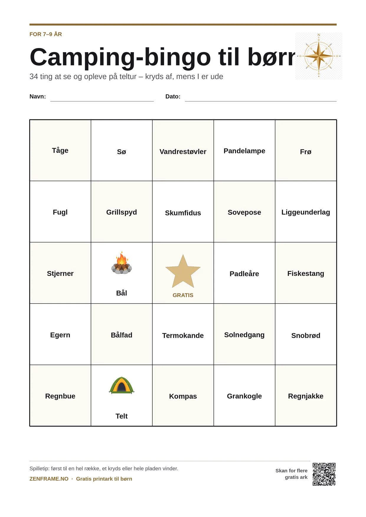 Camping-bingo for børn 7–9 år – gratis printbar A4-plade