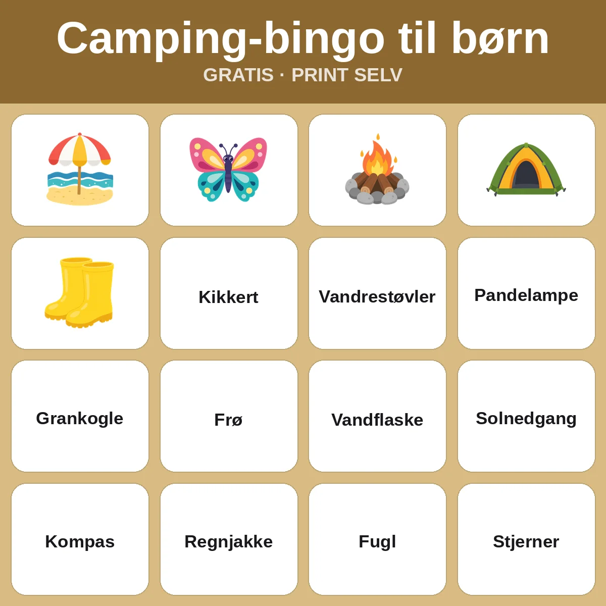 Camping-bingo til børn – gratis bingo til print for børn