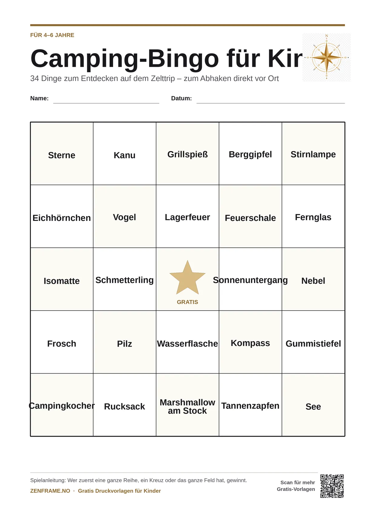 Camping-Bingo für Kinder 4–6 Jahre – kostenlose A4-Vorlage zum Ausdrucken