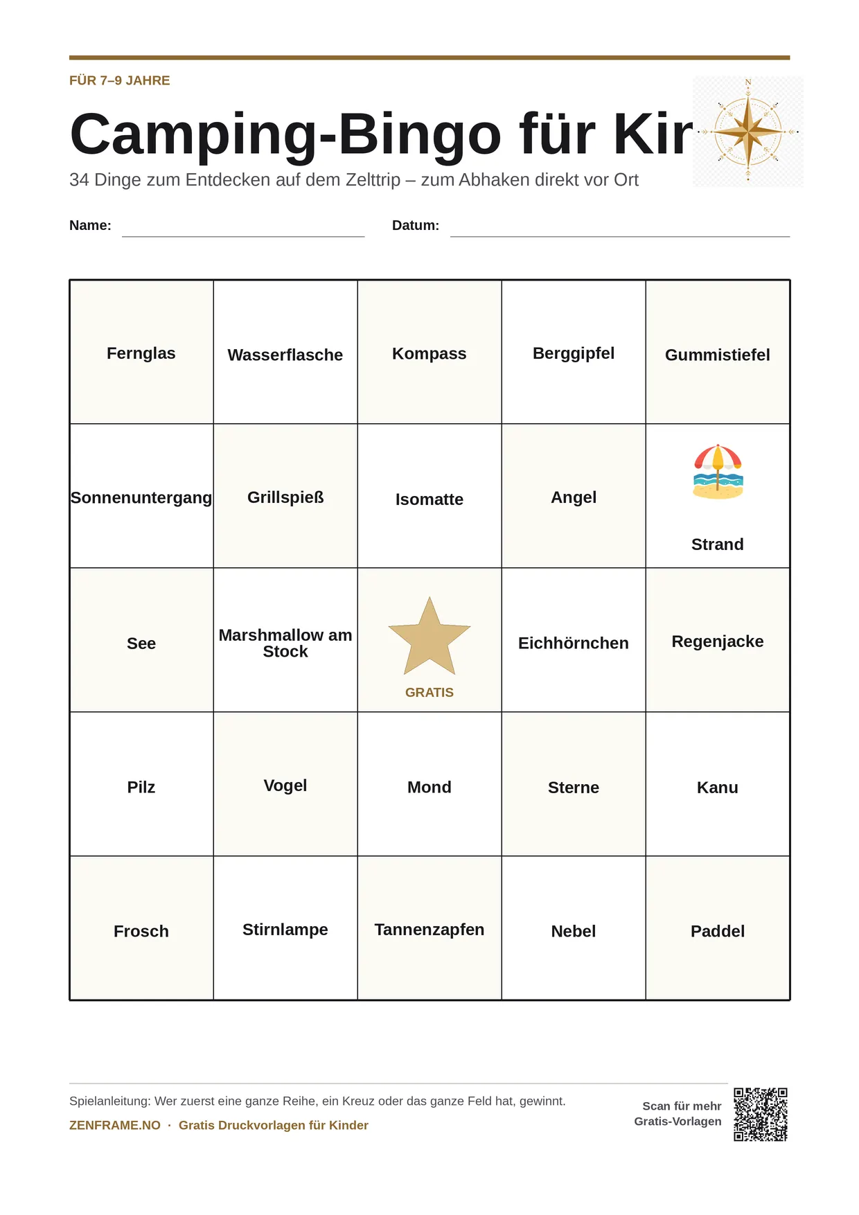 Camping-Bingo für Kinder 7–9 Jahre – kostenlose A4-Vorlage zum Ausdrucken
