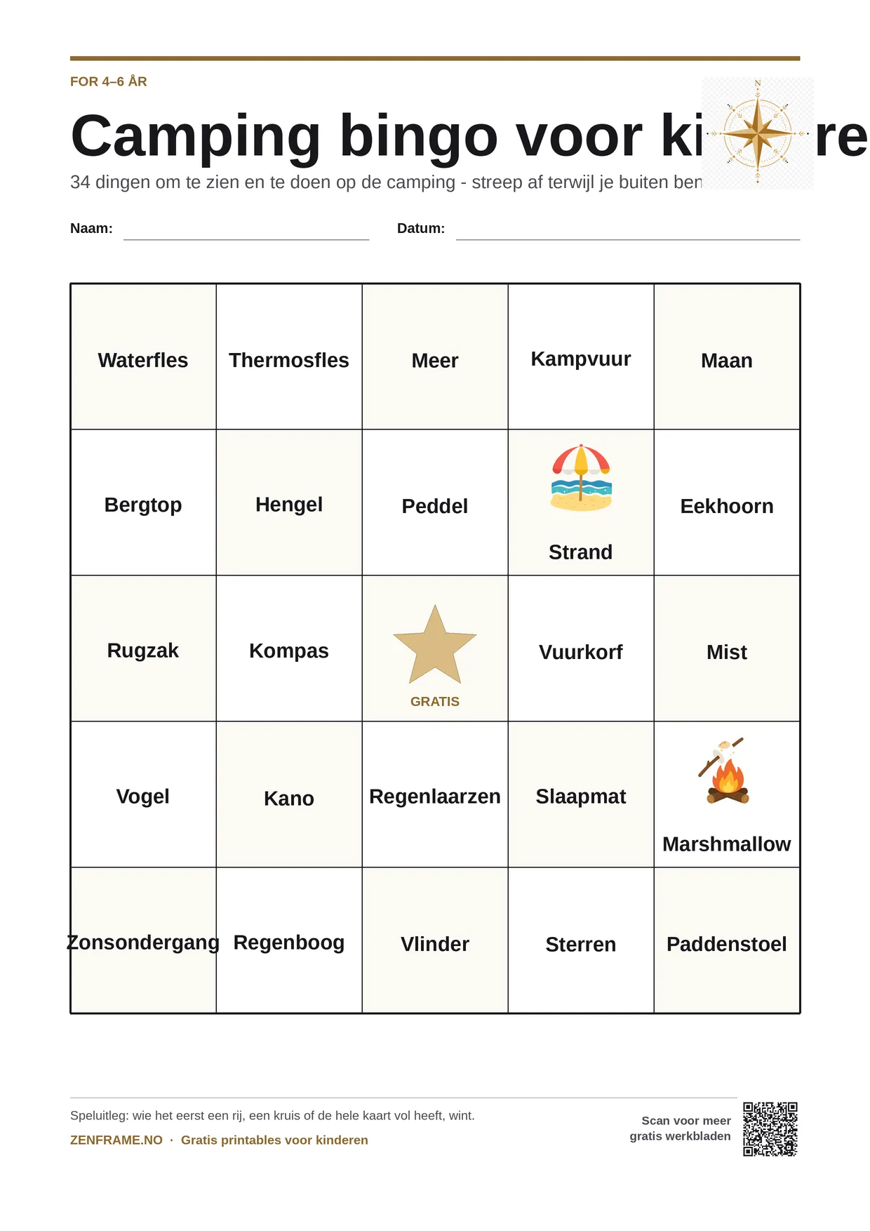 Camping bingo voor kinderen 4–6 jaar – gratis printbare A4-kaart