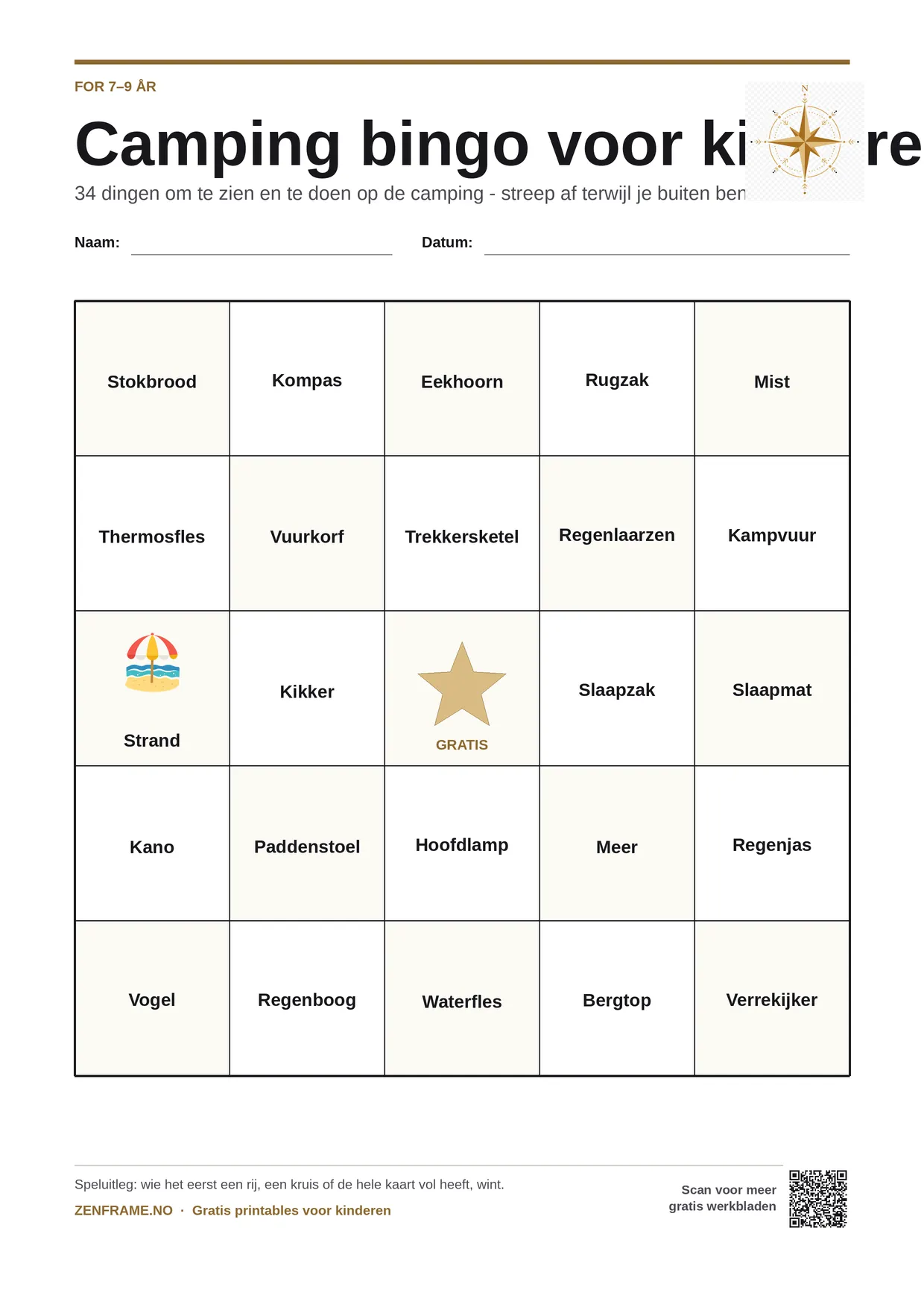 Camping bingo voor kinderen 7–9 jaar – gratis printbare A4-kaart