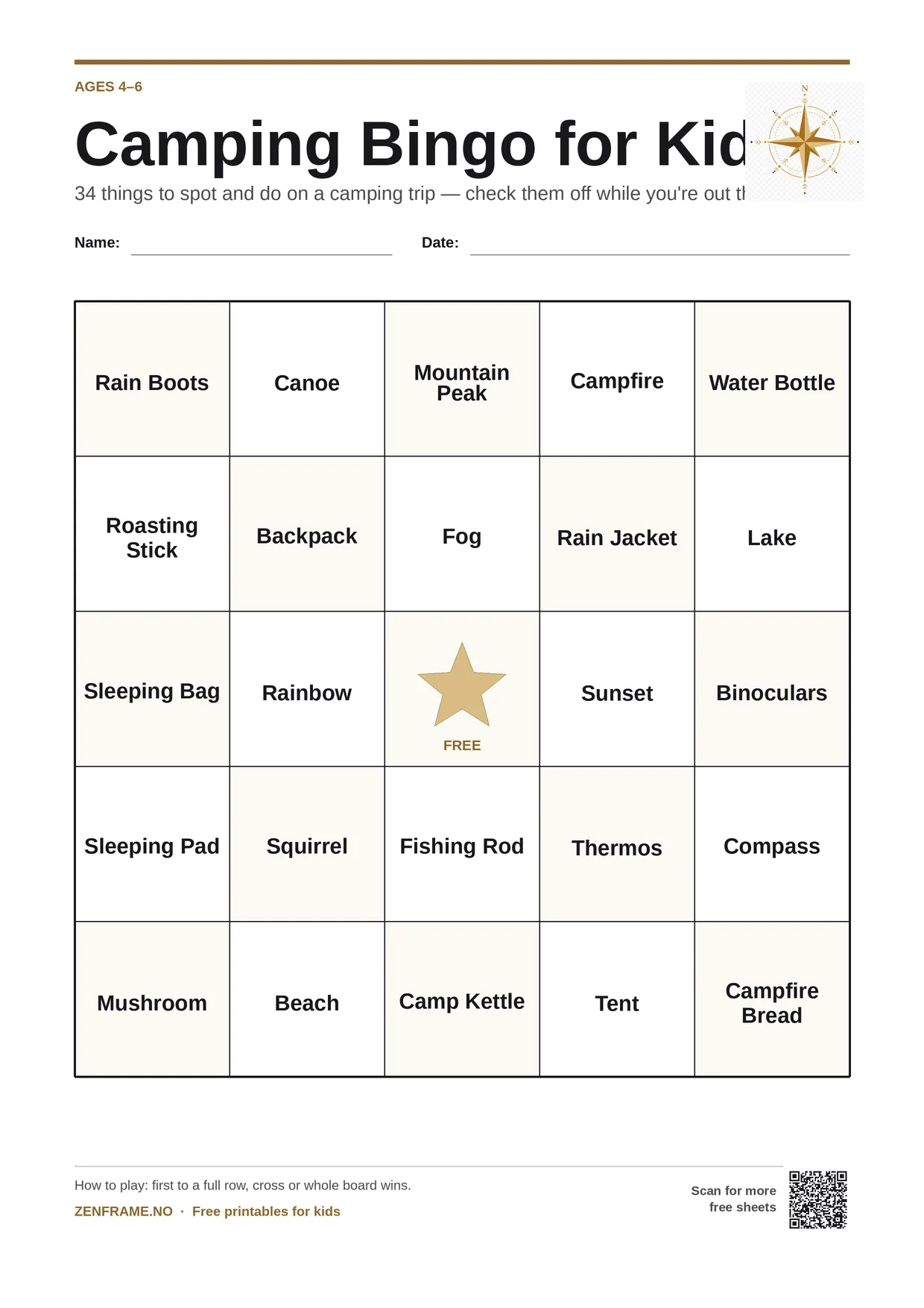 Camping Bingo for kids ages 4–6 – free printable A4 board