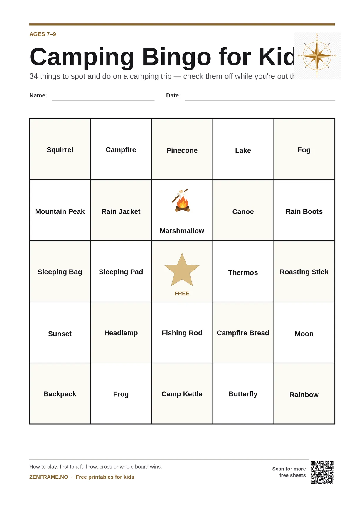 Camping Bingo for kids ages 7–9 – free printable A4 board