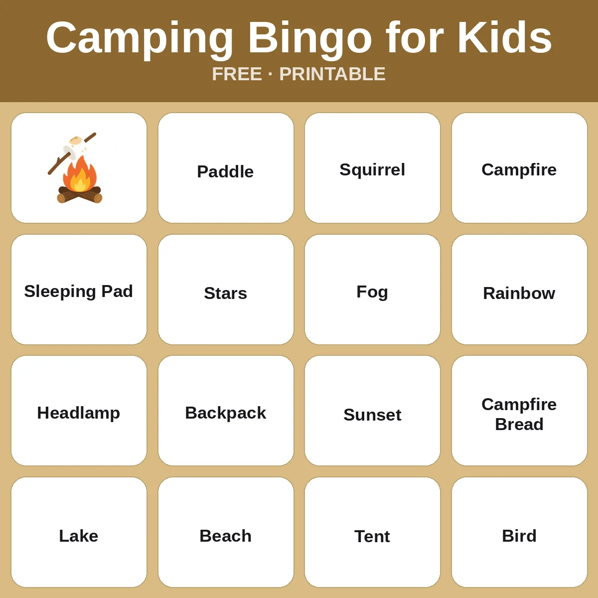 Camping Bingo for Kids – free printable bingo for kids