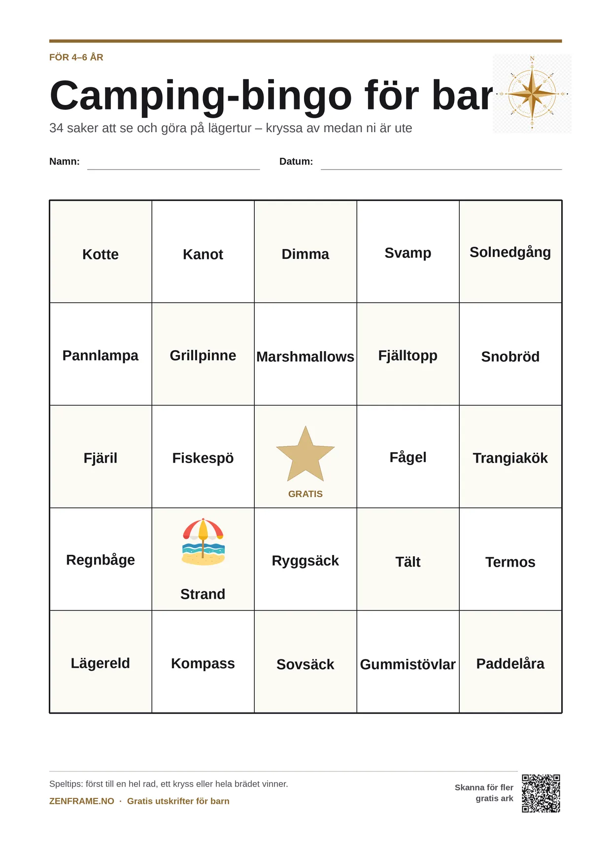 Camping-bingo för barn 4–6 år – gratis utskrivbart A4-bräde