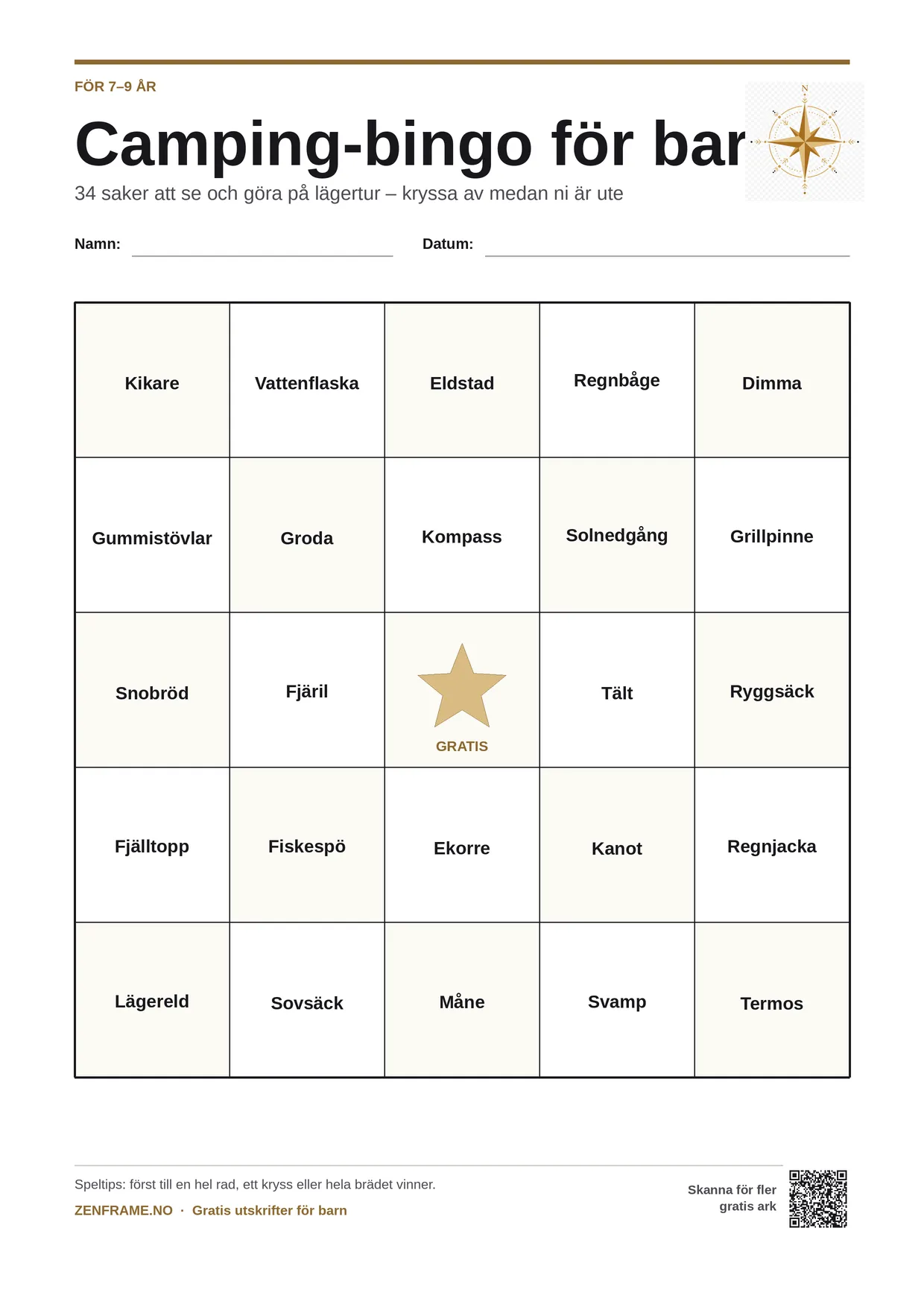 Camping-bingo för barn 7–9 år – gratis utskrivbart A4-bräde