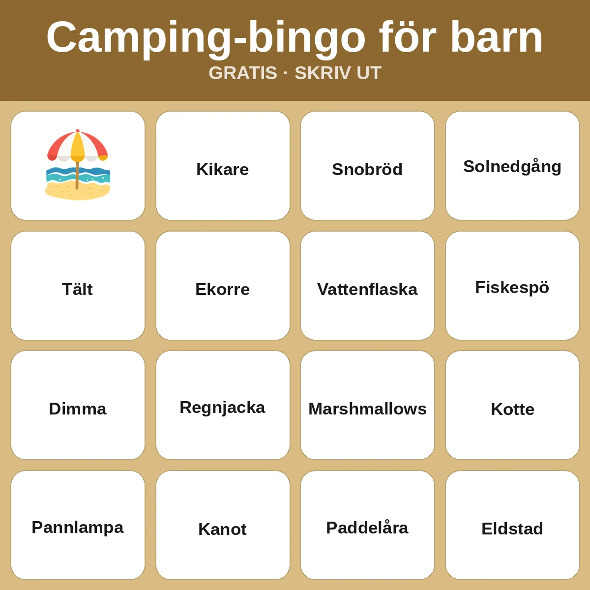 Camping-bingo för barn – gratis bingo att skriva ut för barn