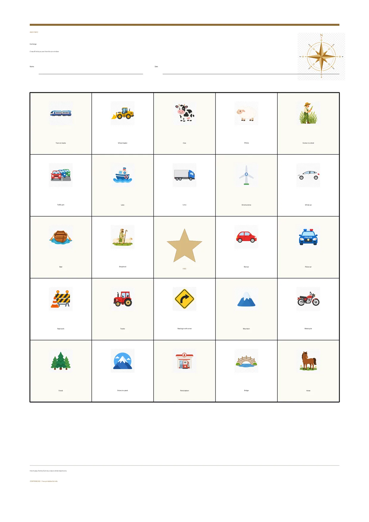 Car bingo for kids ages 10–12 – free printable A4 board
