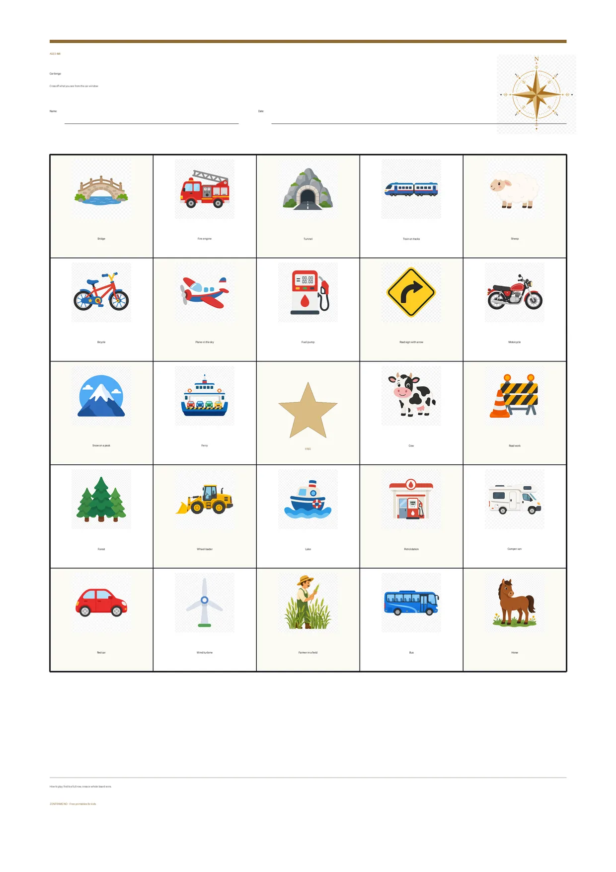 Car bingo for kids ages 4–6 – free printable A4 board