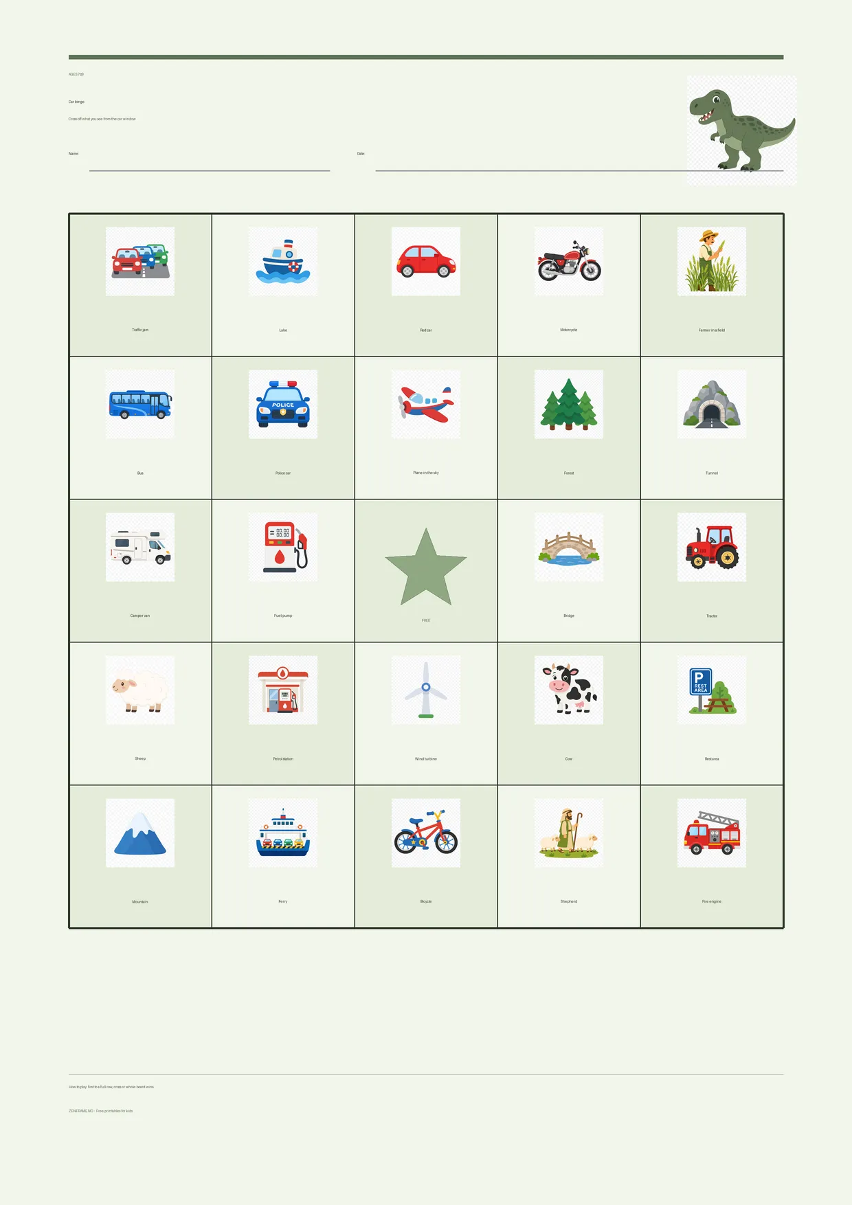 Car bingo for kids ages 7–9 – Dinosaur theme – free printable A4 board