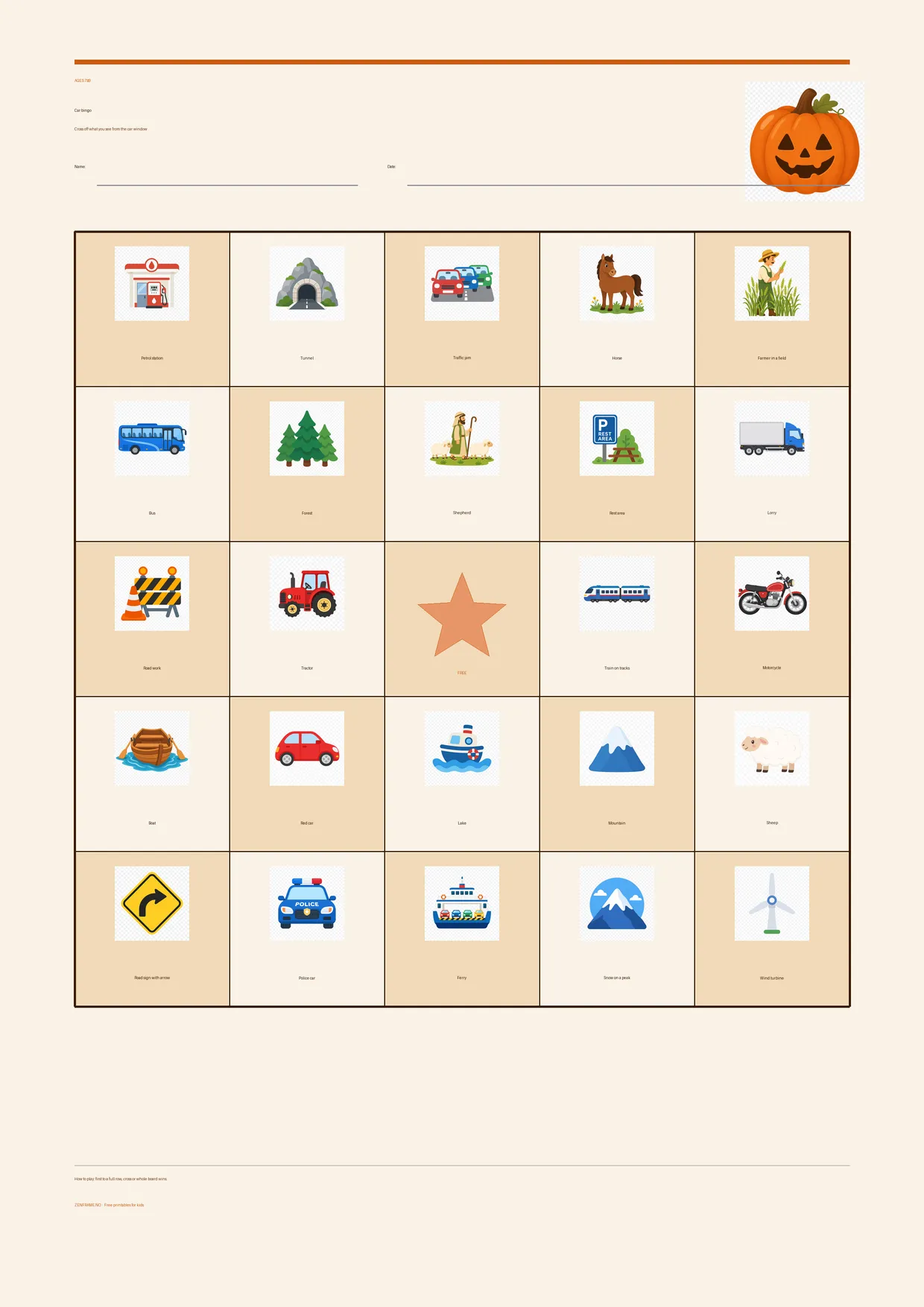Car bingo for kids ages 7–9 – Halloween theme – free printable A4 board