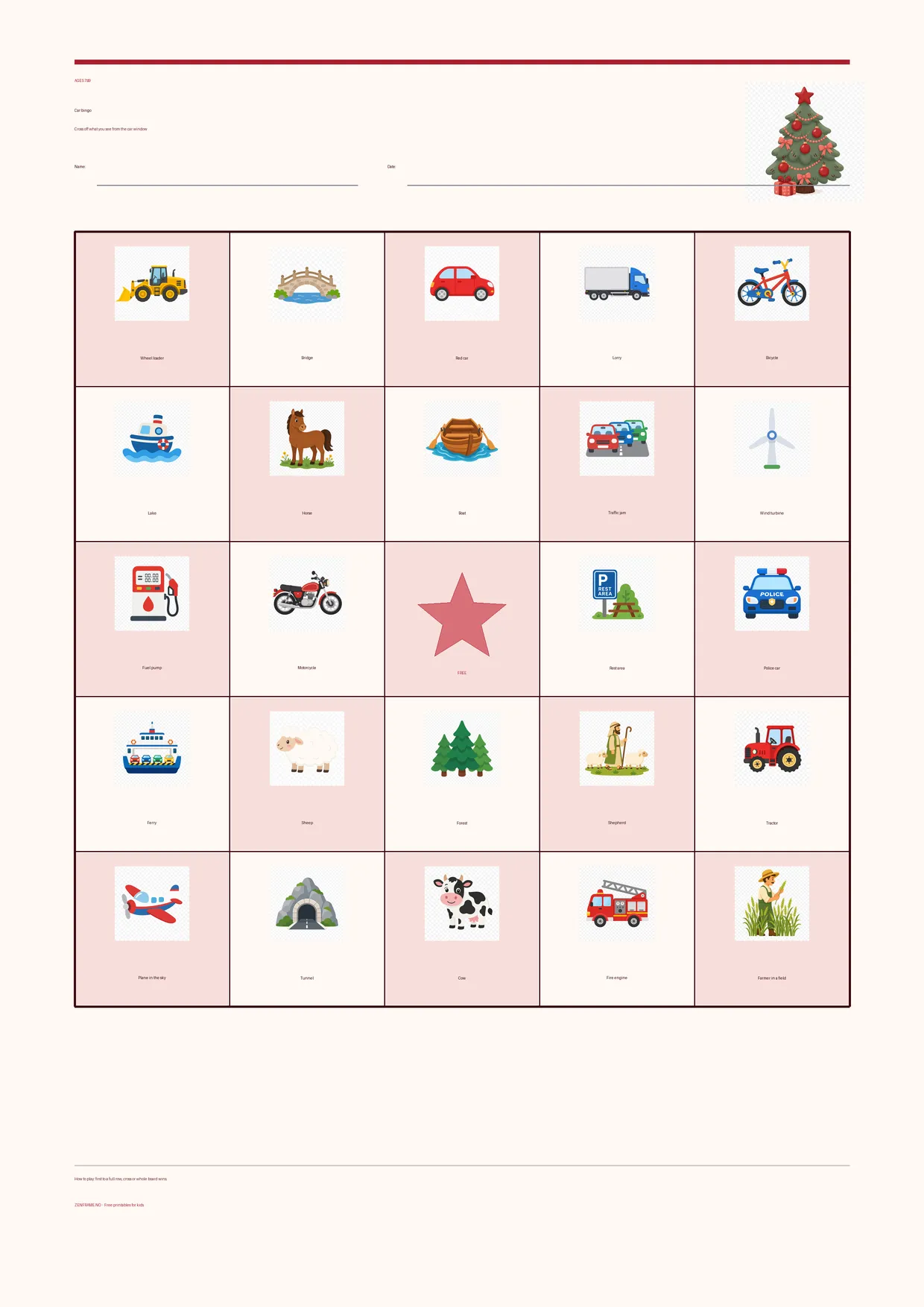Car bingo for kids ages 7–9 – Christmas theme – free printable A4 board
