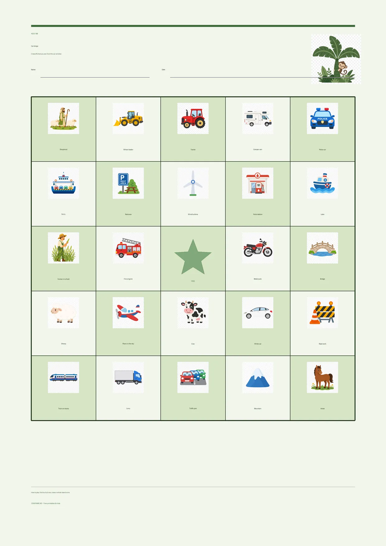 Car bingo for kids ages 7–9 – Jungle theme – free printable A4 board