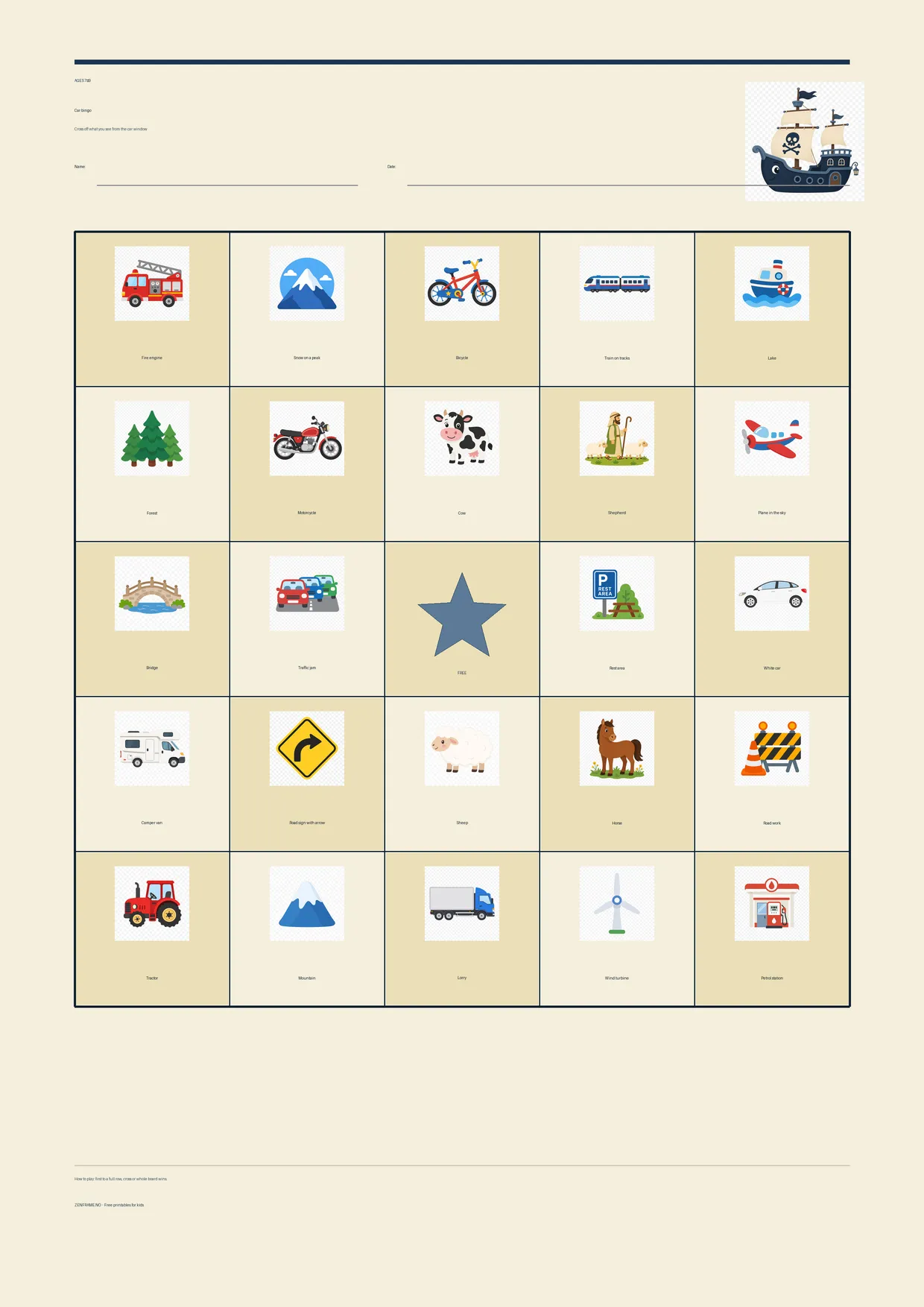Car bingo for kids ages 7–9 – Pirate theme – free printable A4 board