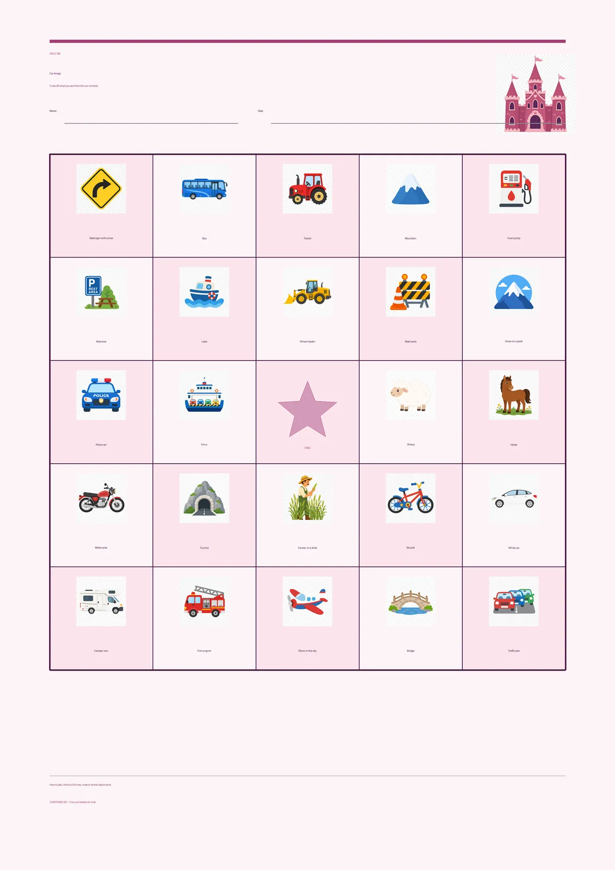 Car bingo for kids ages 7–9 – Princess theme – free printable A4 board