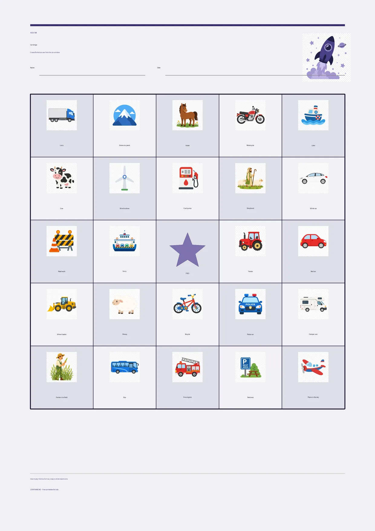 Car bingo for kids ages 7–9 – Space theme – free printable A4 board