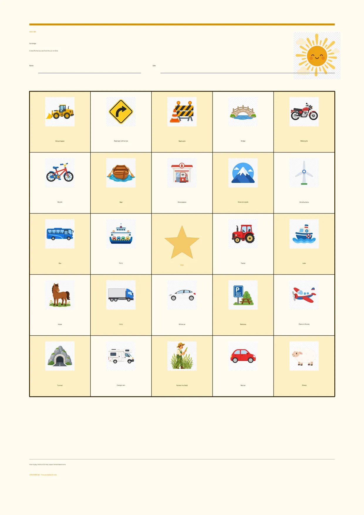 Car bingo for kids ages 7–9 – Summer theme – free printable A4 board