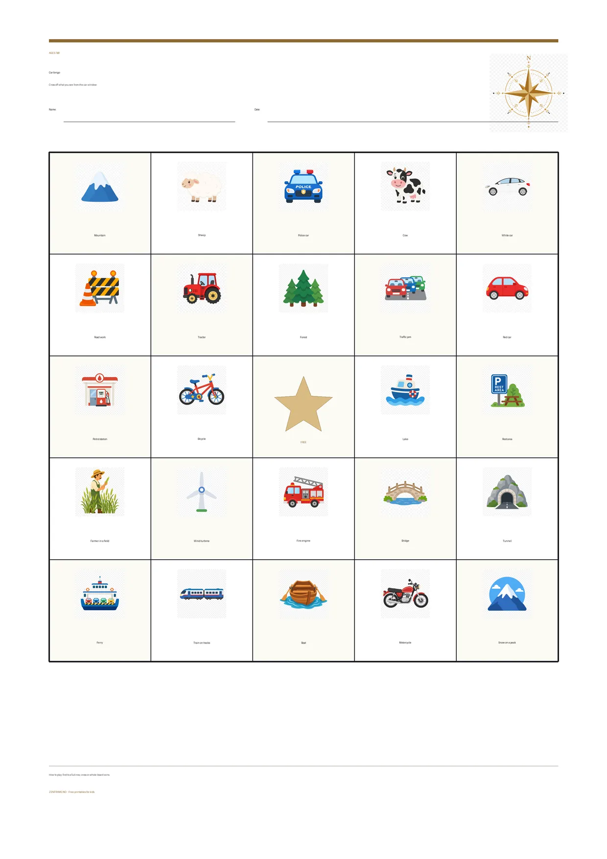 Car bingo for kids ages 7–9 – free printable A4 board