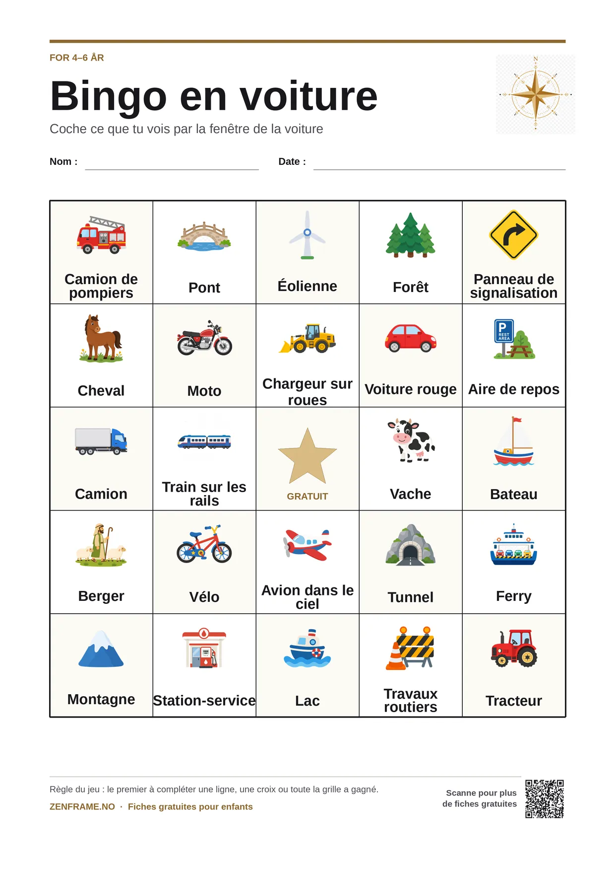Bingo en voiture pour enfants 4–6 ans – planche A4 gratuite à imprimer
