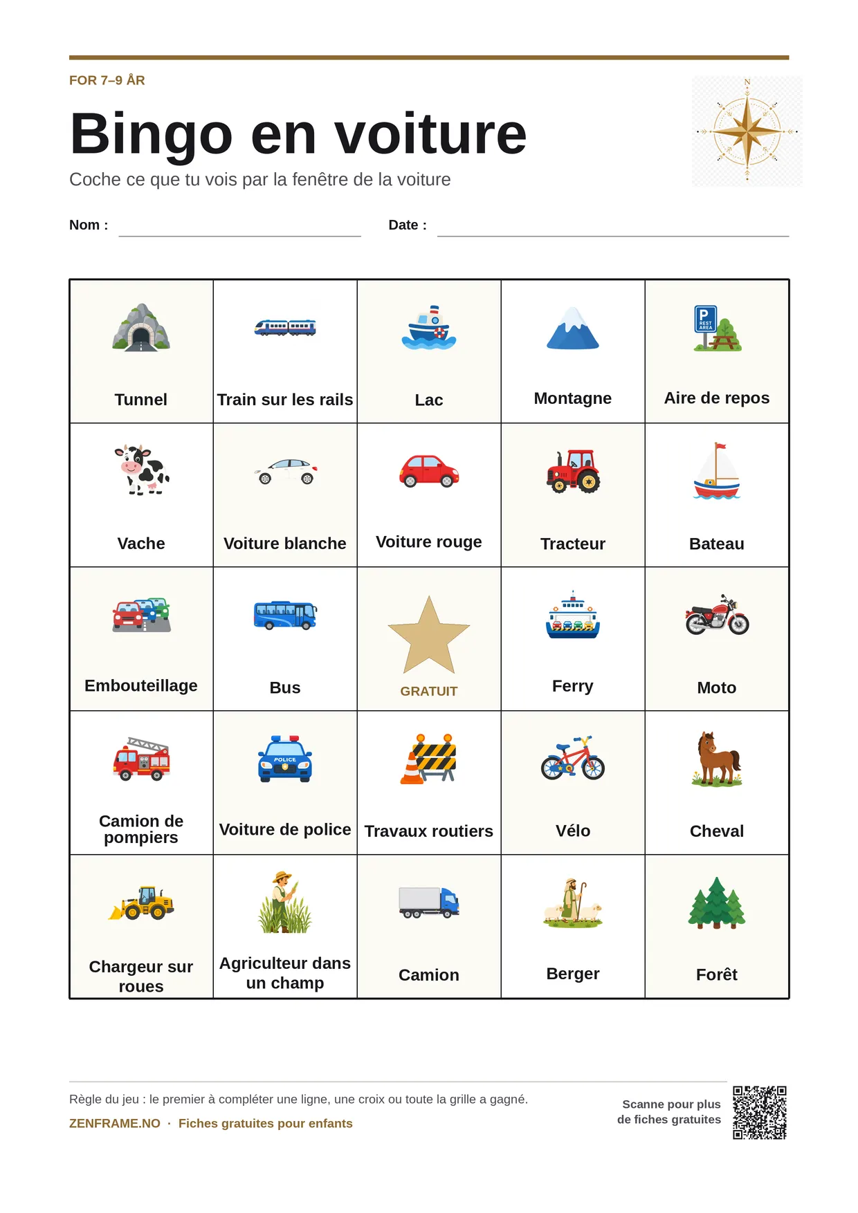 Bingo en voiture pour enfants 7–9 ans – planche A4 gratuite à imprimer
