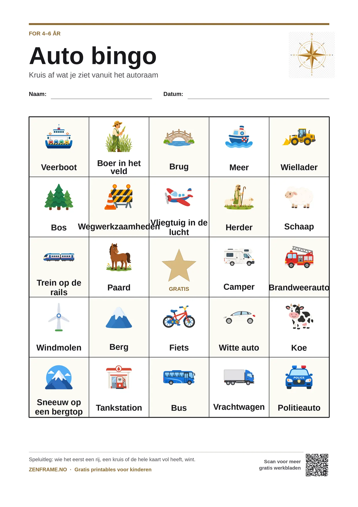 Auto bingo voor kinderen 4–6 jaar – gratis printbare A4-kaart