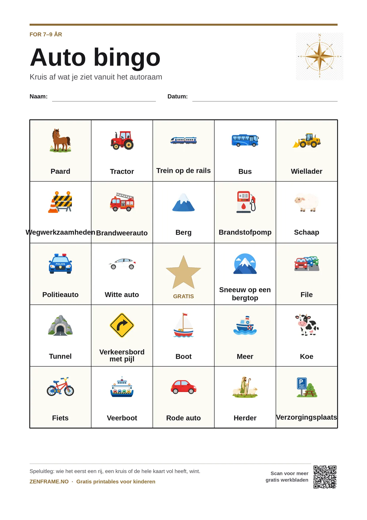 Auto bingo voor kinderen 7–9 jaar – gratis printbare A4-kaart