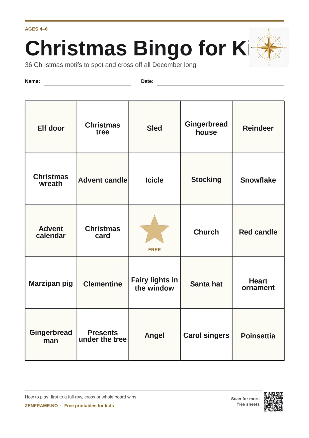 Christmas Bingo for kids ages 4–6 – free printable A4 board