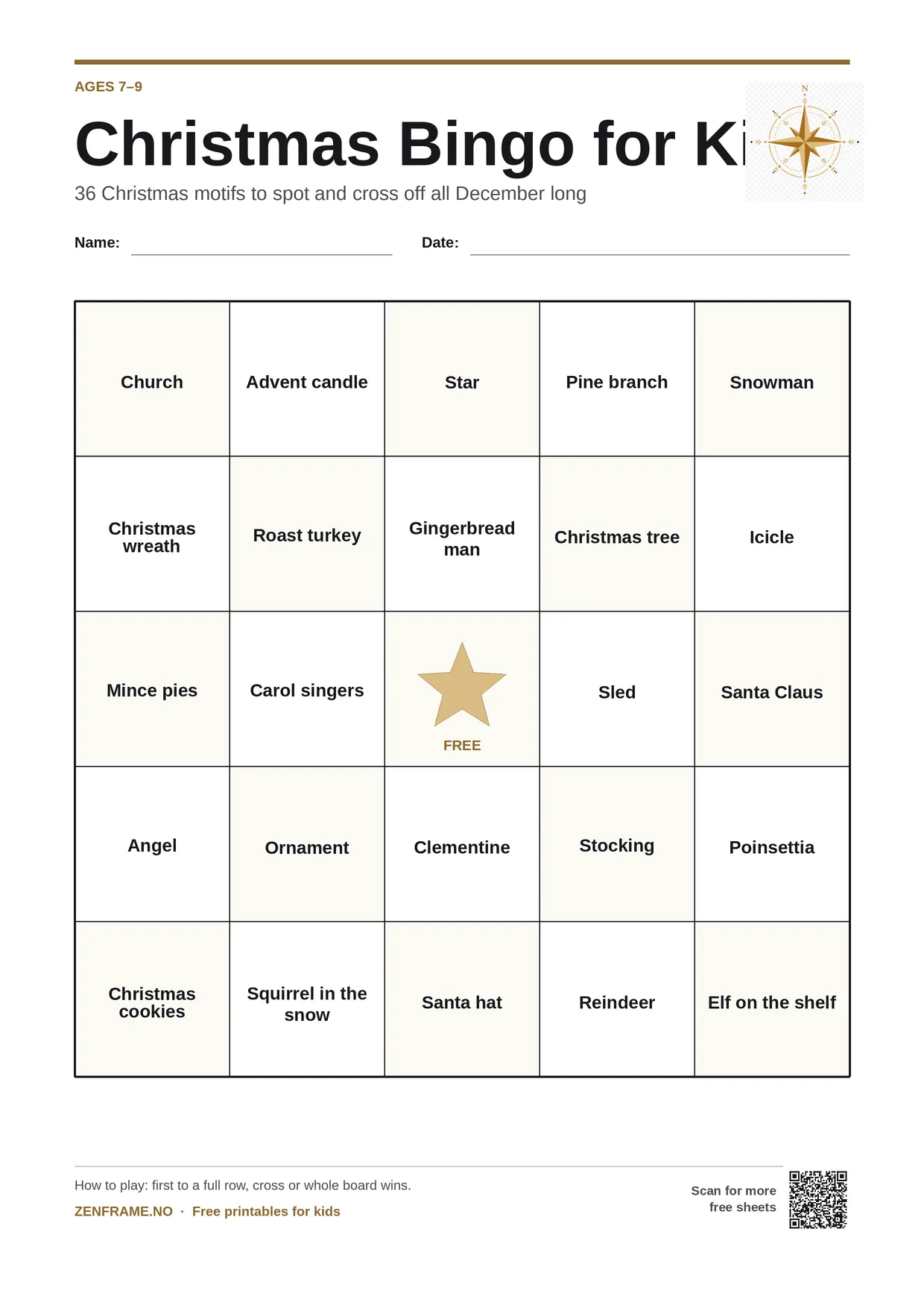 Christmas Bingo for kids ages 7–9 – free printable A4 board