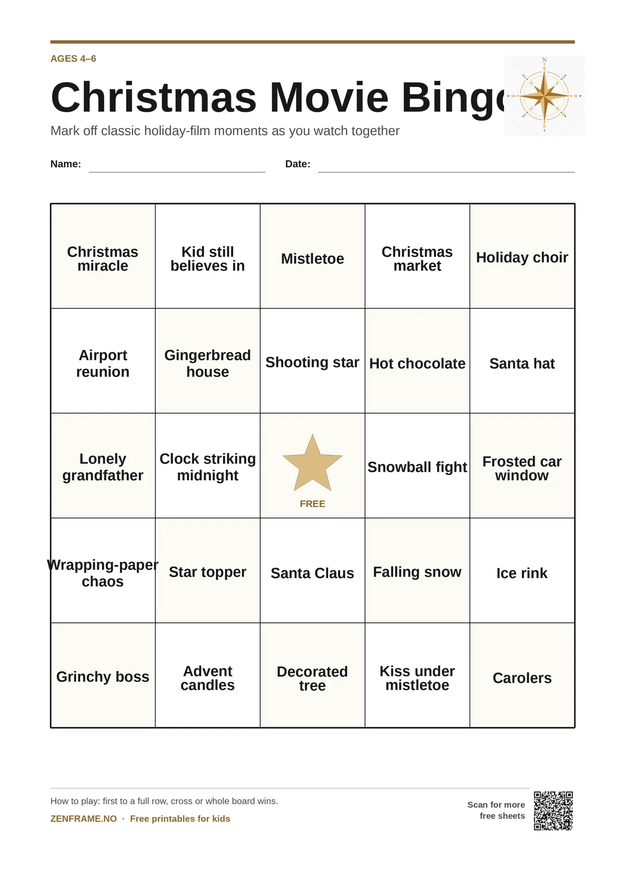 Christmas Movie Bingo for kids ages 4–6 – free printable A4 board